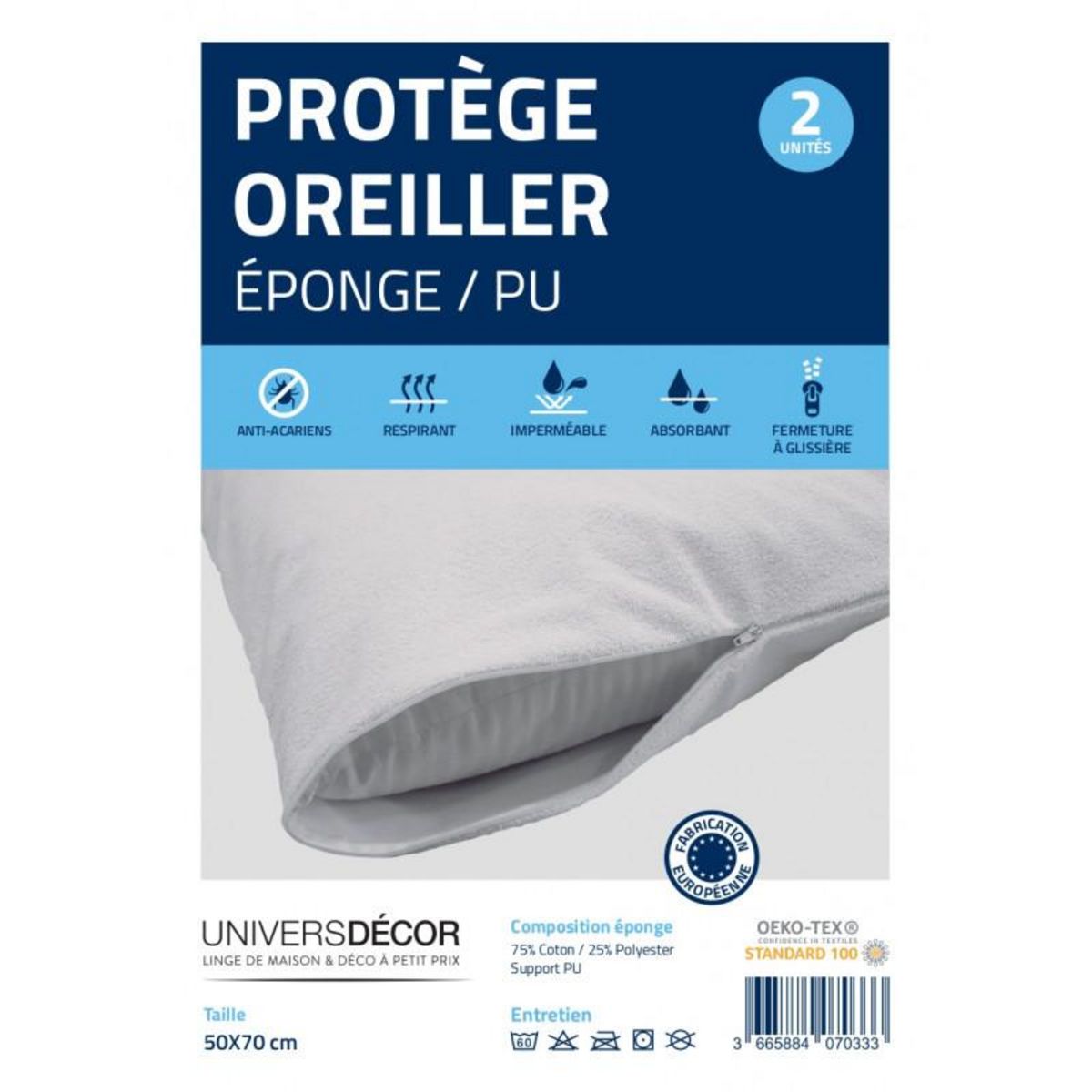 UNIVERS DECOR Lot de 2 protège oreiller éponge imperméable anti-acariens 50 x 70 cm