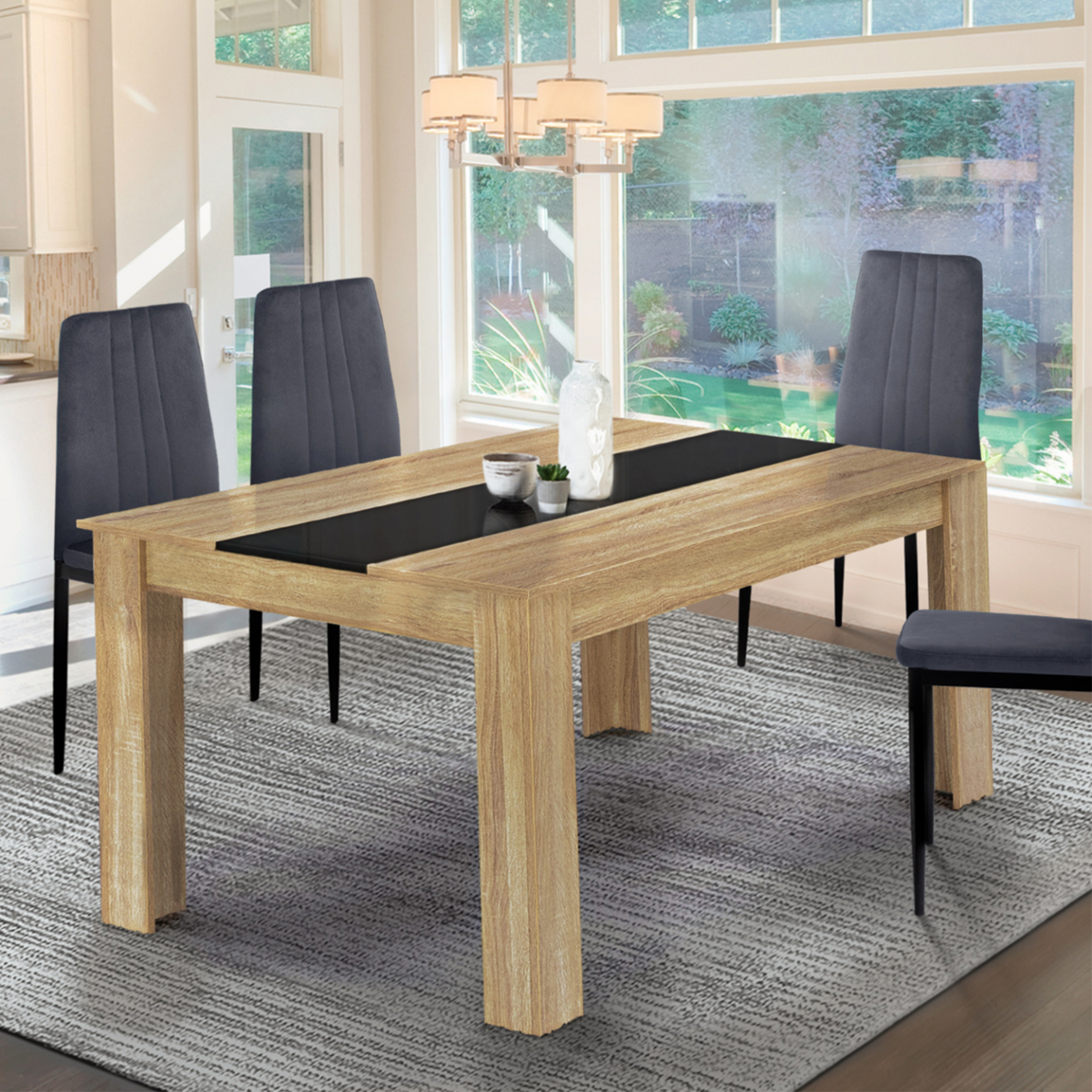 ID MARKET Table à manger extensible rectangle GEORGIA 6-10 personnes imitation hêtre et noire 140-220 x 90 cm