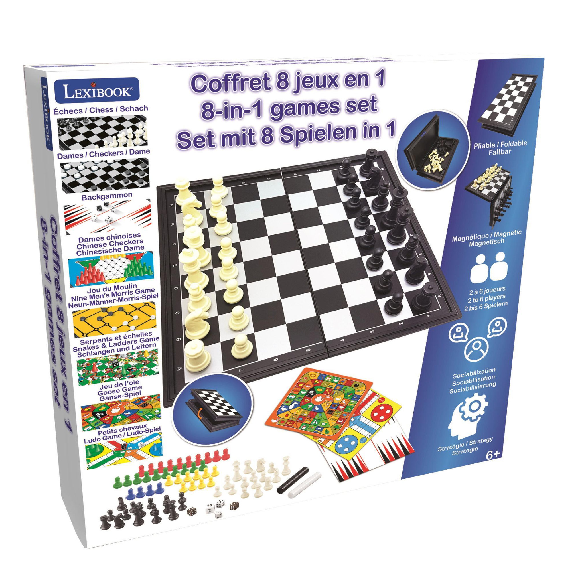 Voir la diapositive 4 : Lexibook Coffret 8 Jeux de société avec pions magnétiques