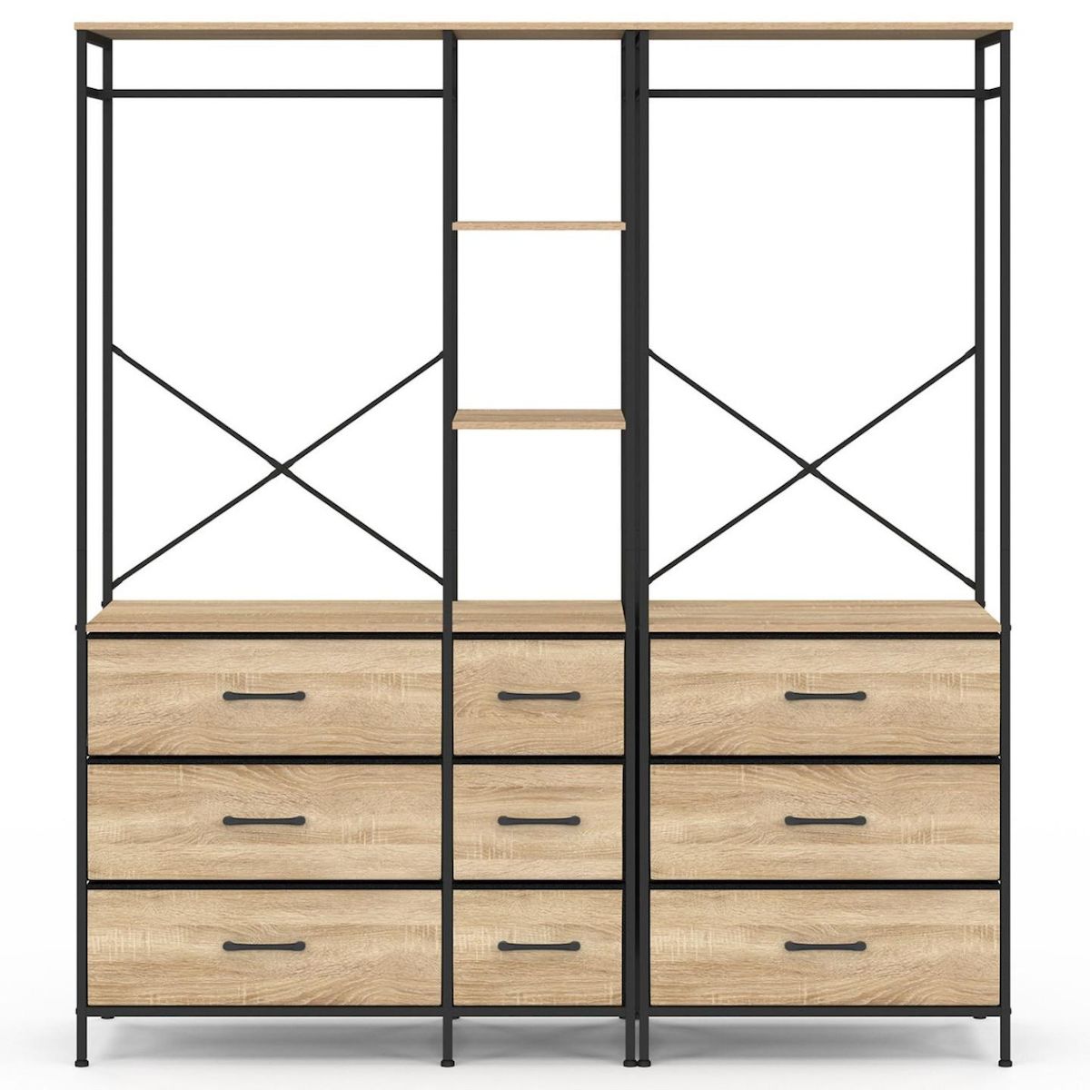 ID MARKET Dressing penderie modulable L. 150 cm UTAH XXL avec 3 étagères et 9 bacs en tissu bois et noir