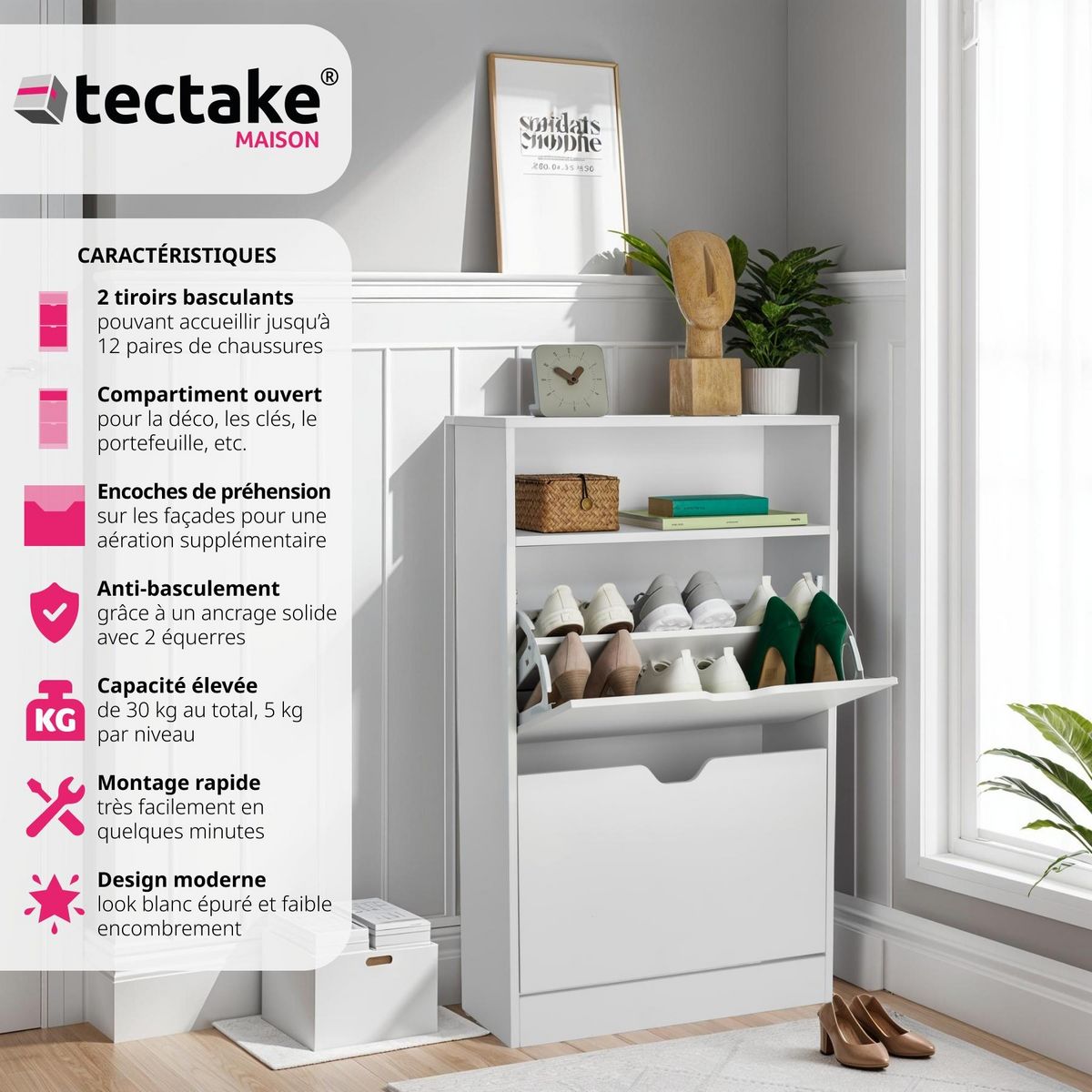 tectake Armoire à chaussures pour 12 paires de chaussures blanc