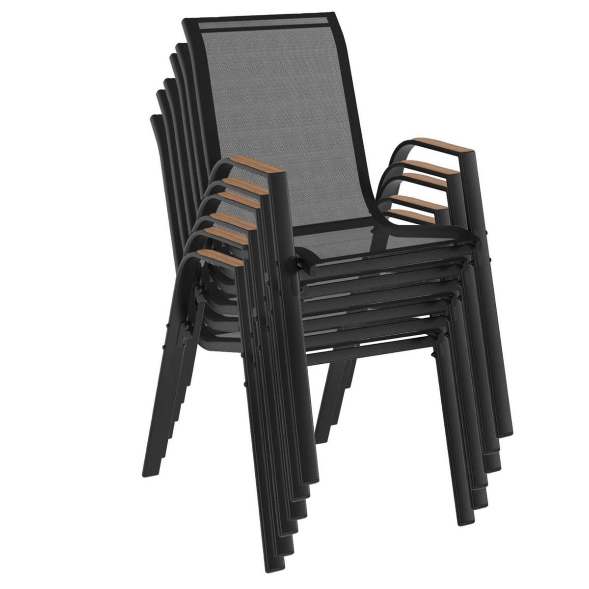 ID MARKET Lot de 6 chaises de jardin NOUMEA métal et textilène empilables noir et bois