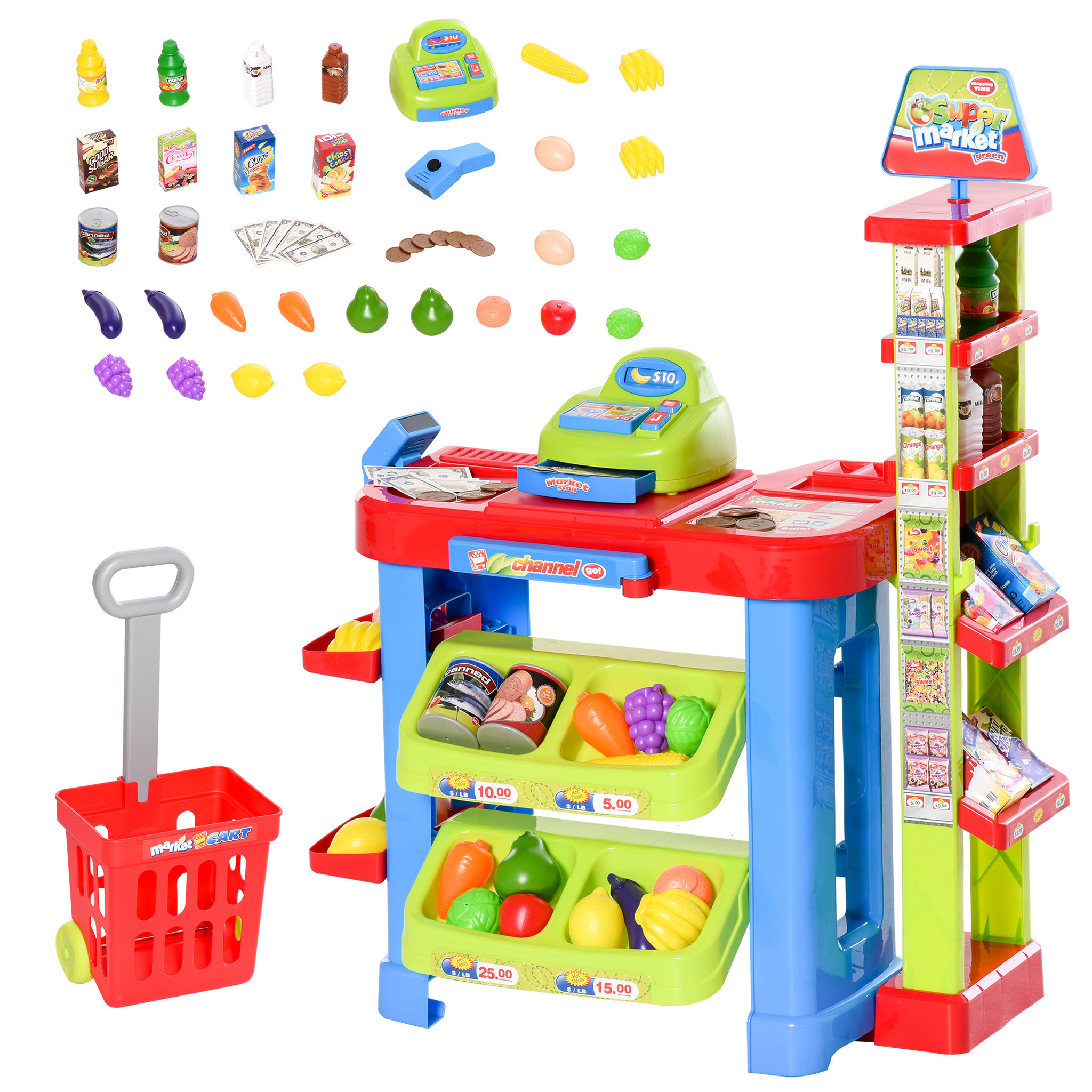 Voir la diapositive 1 : HOMCOM Jeu d'imitation commerçant jeu de la marchande caddie + caisse enregistreuse et 45 accessoires inclus effets lumineux sonores