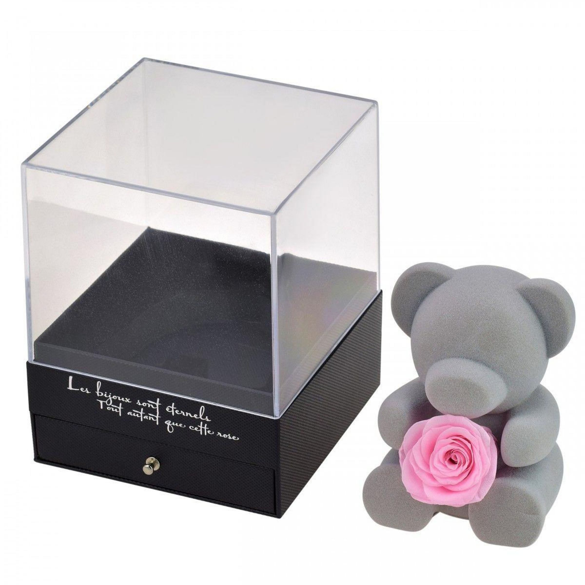 SC CRYSTAL Boite à bijoux ourson décorée d'une rose éternelle - stabilisée rose