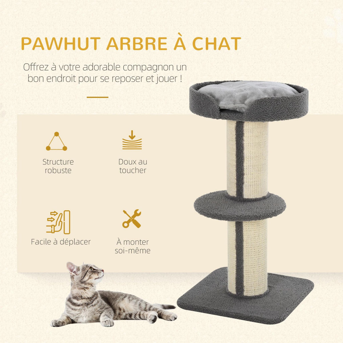 PAWHUT Arbre à chat avec griffoir centre d'activités 2 plateformes coussin gris