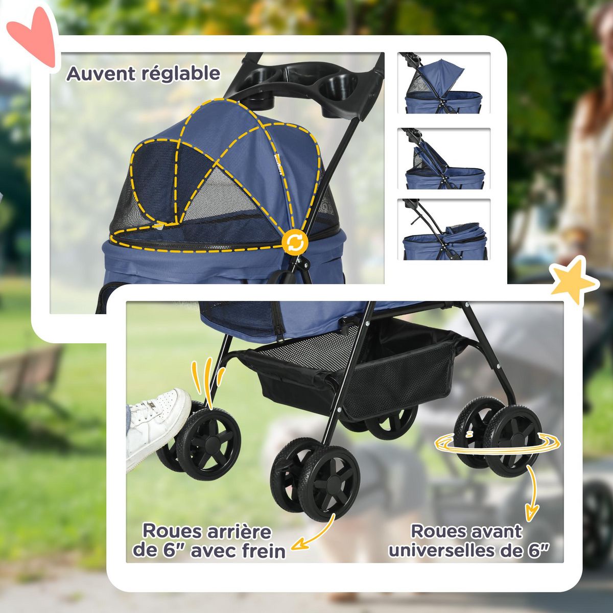 PAWHUT Poussette buggy pliable chien chat panier rangement porte-gobelets tissu 300D Oxford imperméable 4 roues bleu