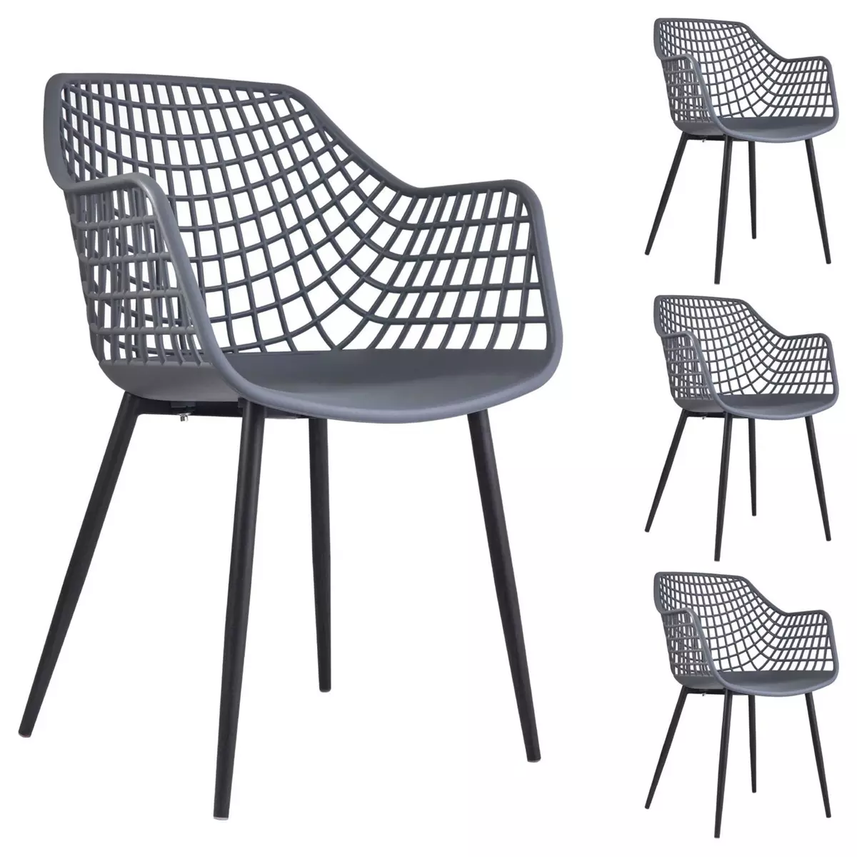 IDIMEX Lot de 4 chaises LUCIA pour salle à manger ou cuisine au design retro avec accoudoirs, coque en plastique gris et 4 pieds en métal