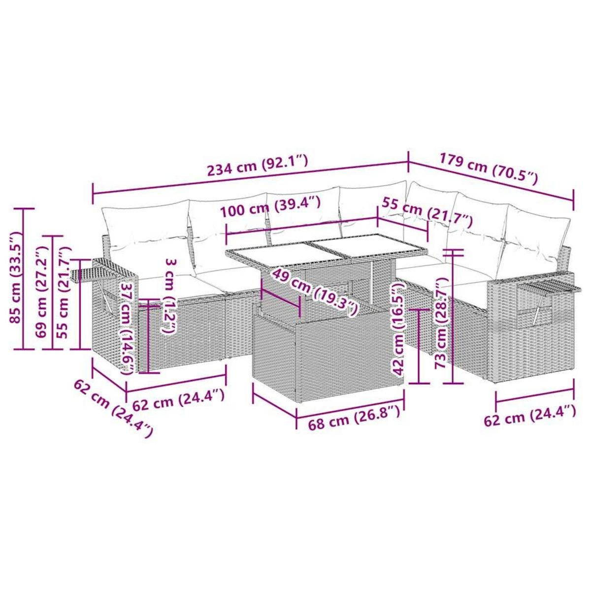 VIDAXL Salon de jardin avec coussins 7 pcs marron resine tressee
