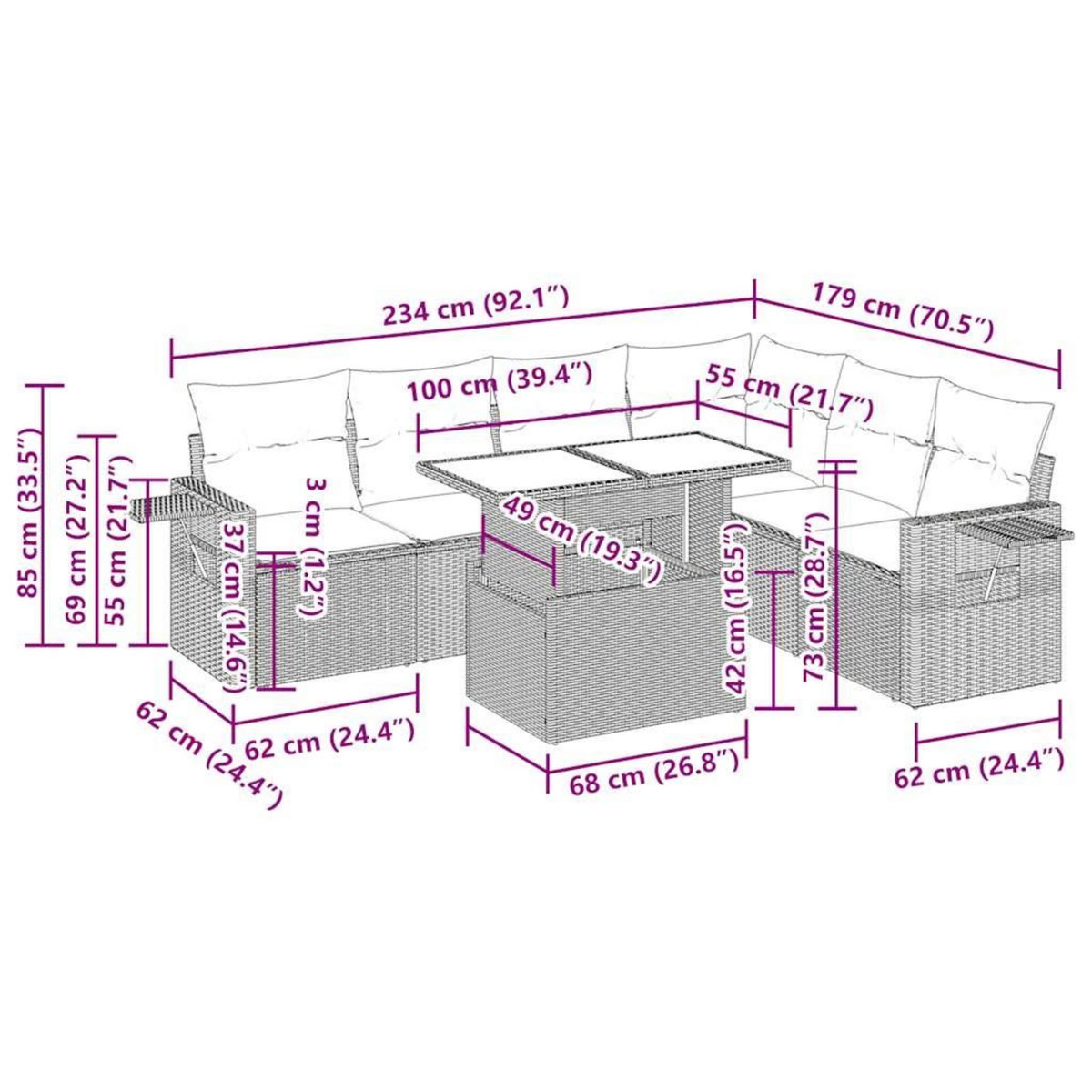 VIDAXL Salon de jardin avec coussins 7 pcs marron resine tressee
