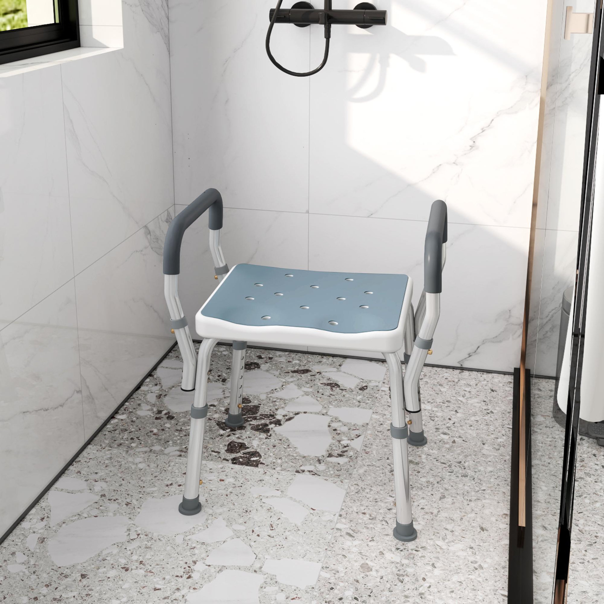 Voir la diapositive 6 : HOMCOM Chaise de douche tabouret de douche antidérapant - hauteur réglable, accoudoirs - alu hdpe bleu