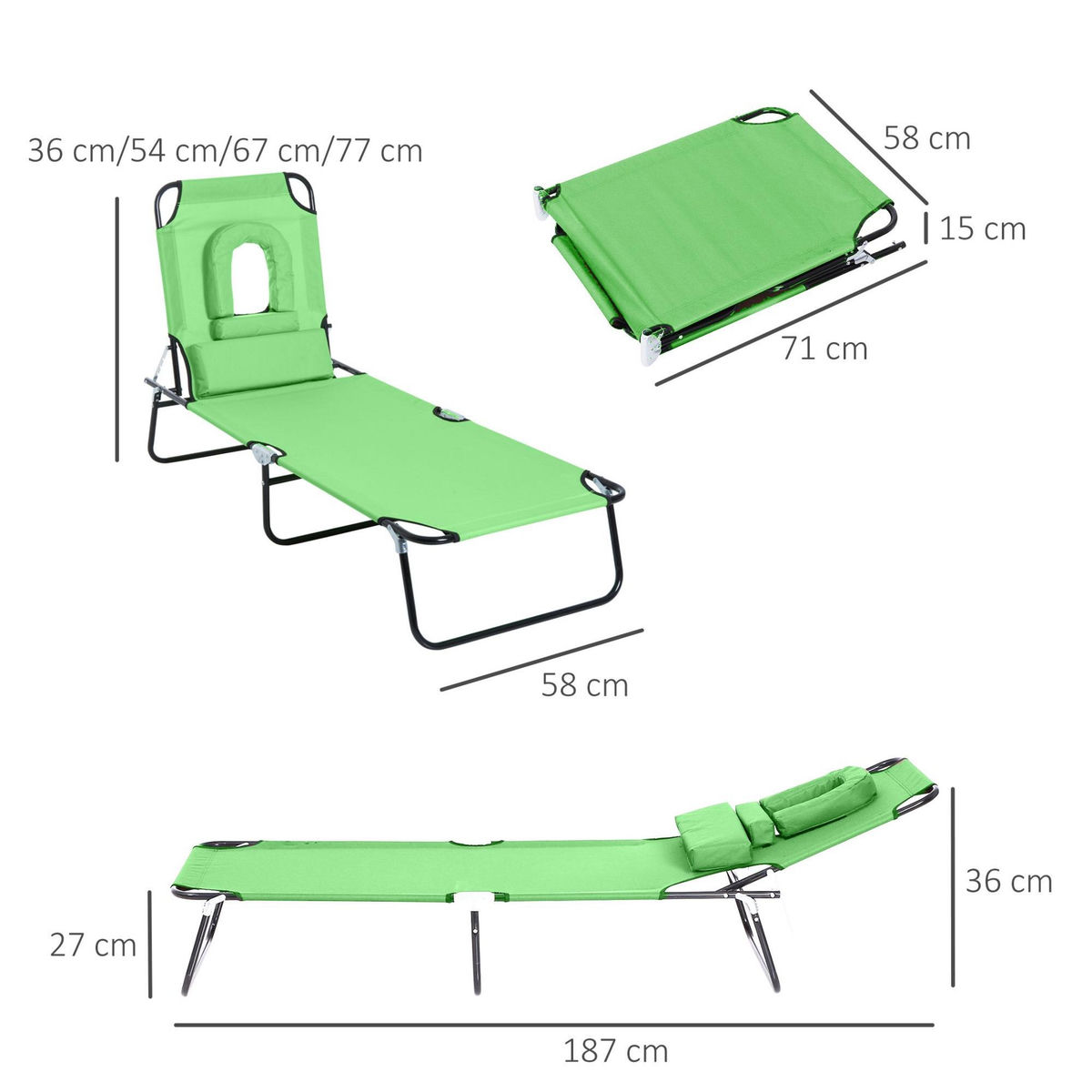 OUTSUNNY Bain de soleil pliable transat inclinable 4 positions chaise longue de lecture 3 coussins fournis vert
