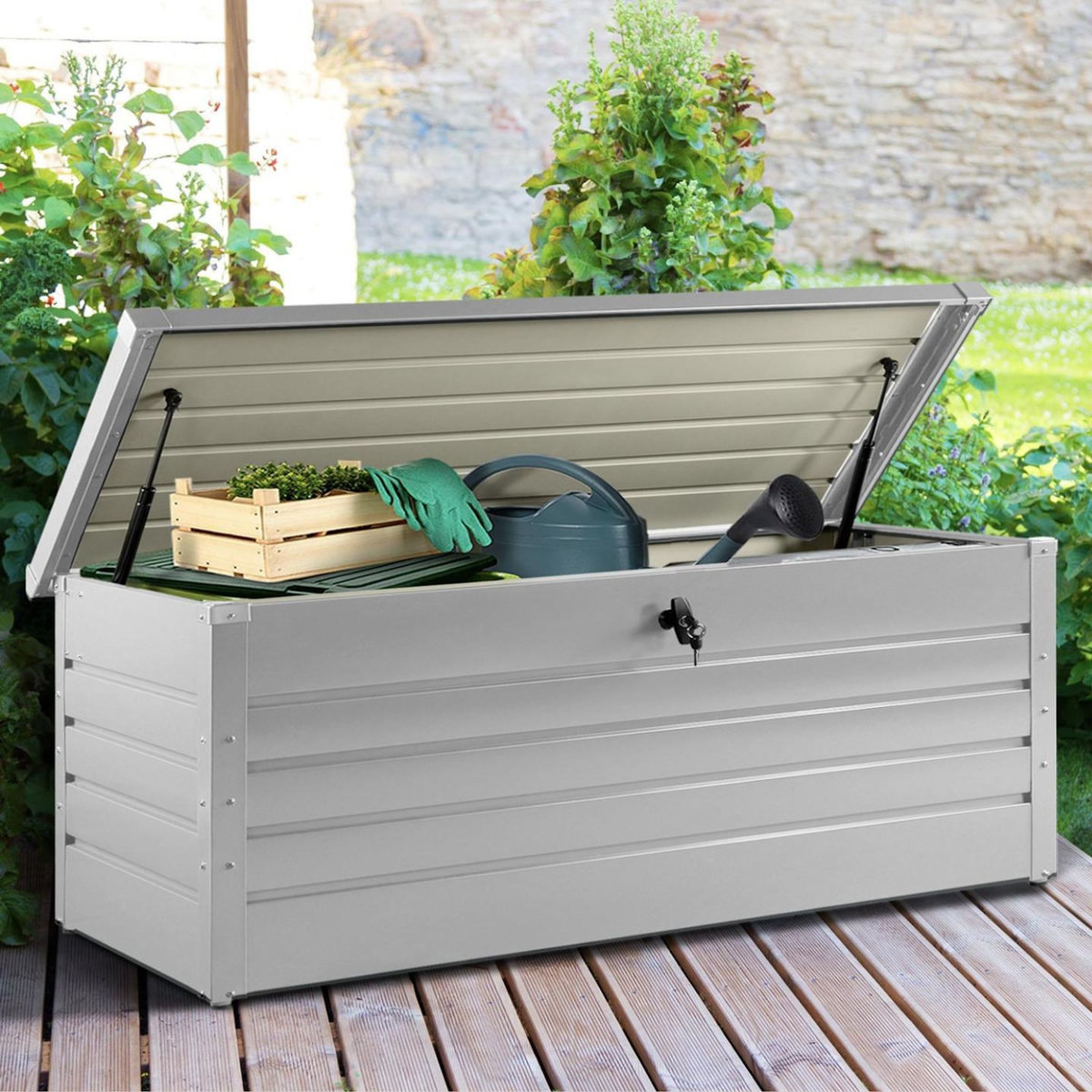ID MARKET Coffre de rangement métal verrouillable gris clair pour jardin 600L 165x70x63 cm