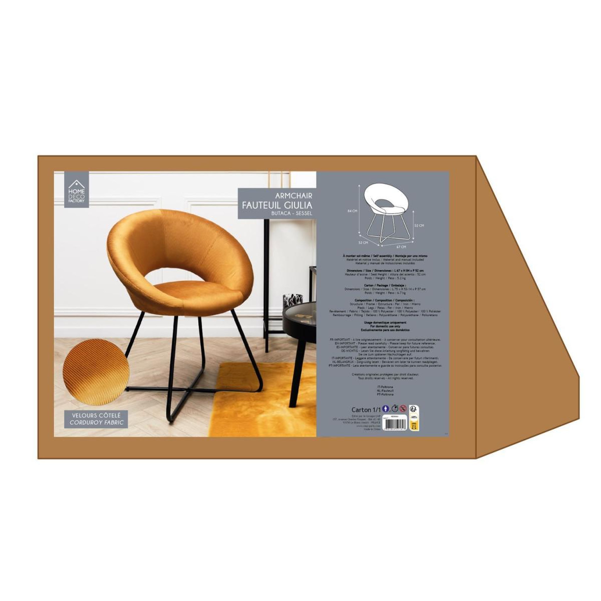 Voir la diapositive 6 : The Home Deco Factory Fauteuil design velours côtelé  giulia  84cm jaune