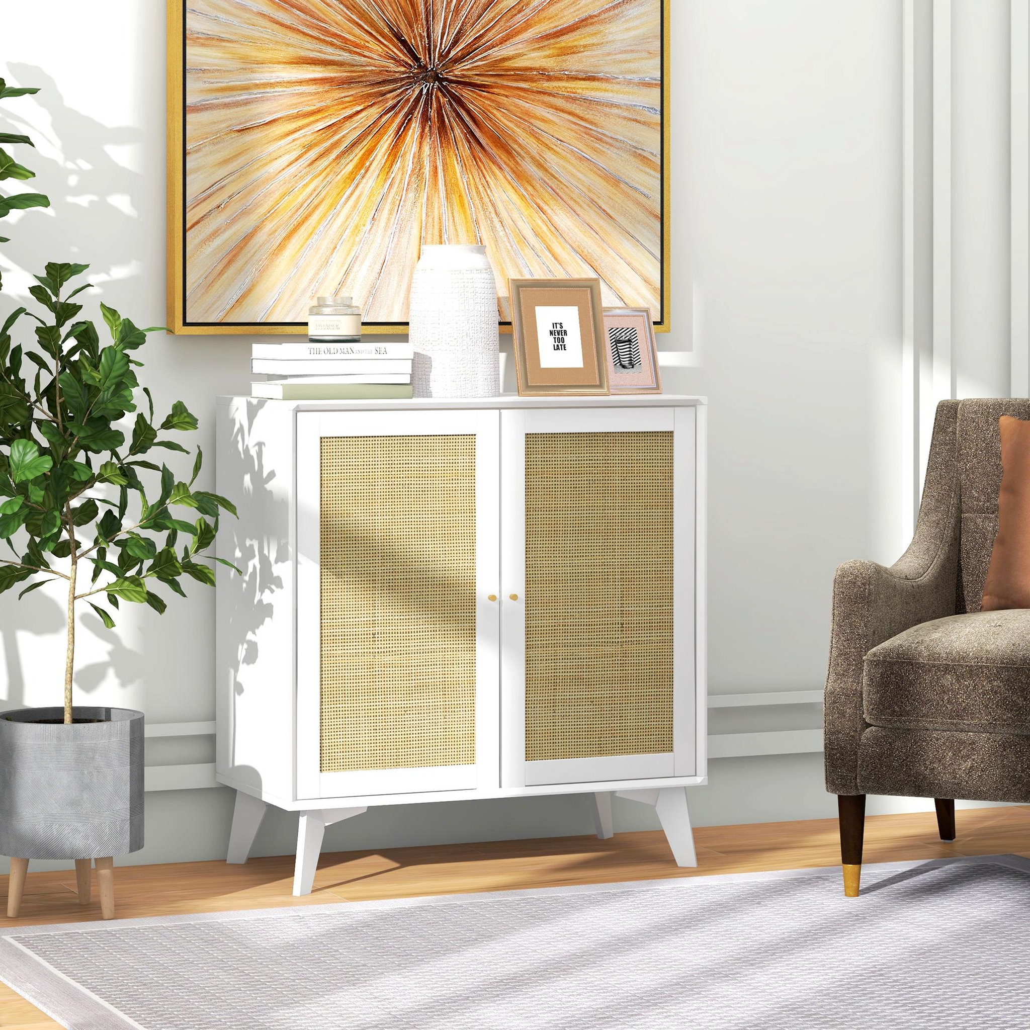 Voir la diapositive 2 : HOMCOM Buffet 2 portes étagère réglable style bohème chic cannage en rotin panneaux MDF blanc