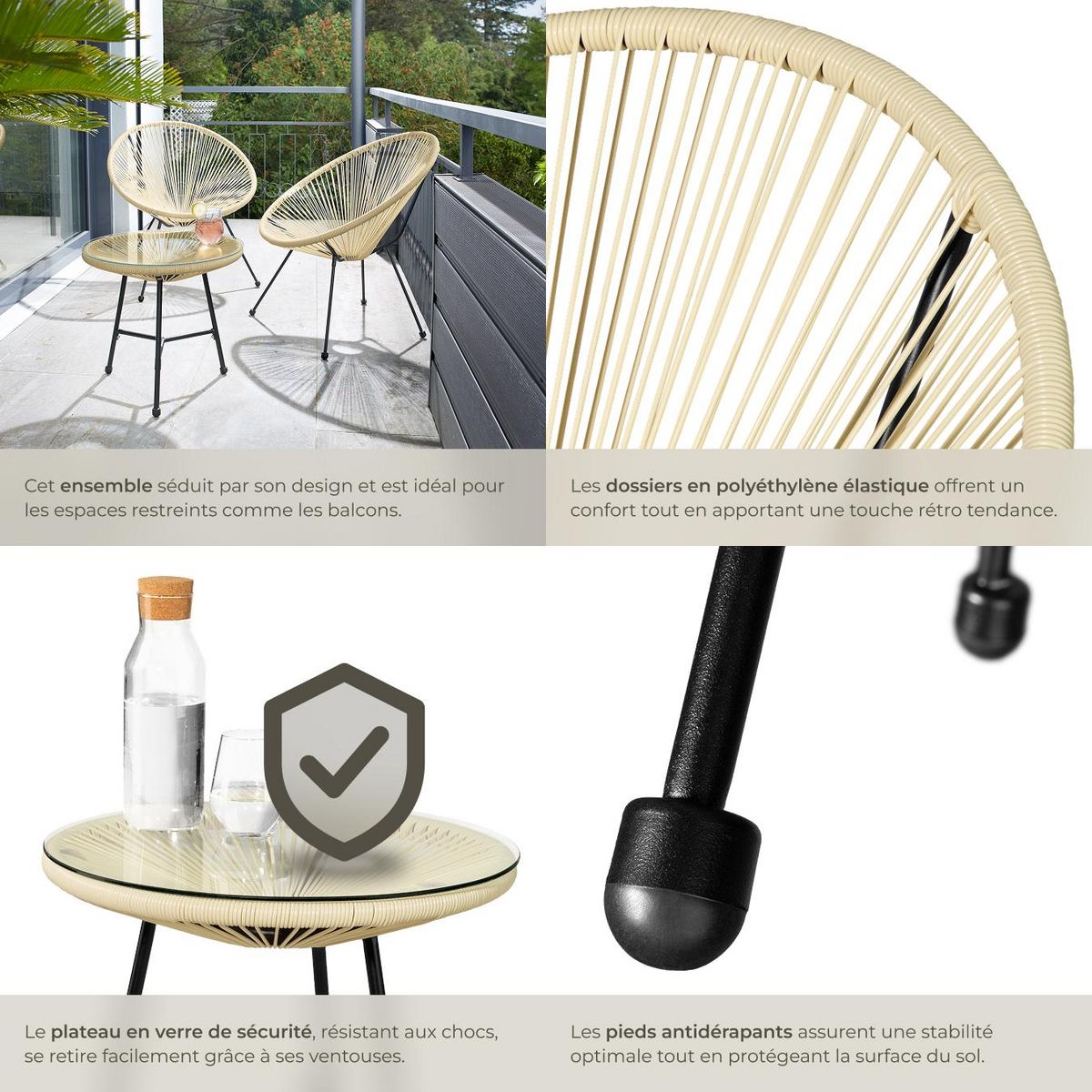 tectake Ensemble de 2 chaises de jardin avec table design rétro dans le style Acapulco beige