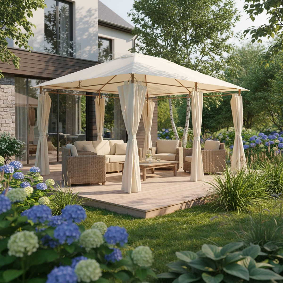 SWEEEK Tonnelle 3x4 m - Divio - Imitation bois. toile écru - Pergola avec rideaux. tente de jardin. barnum. chapiteau. réception