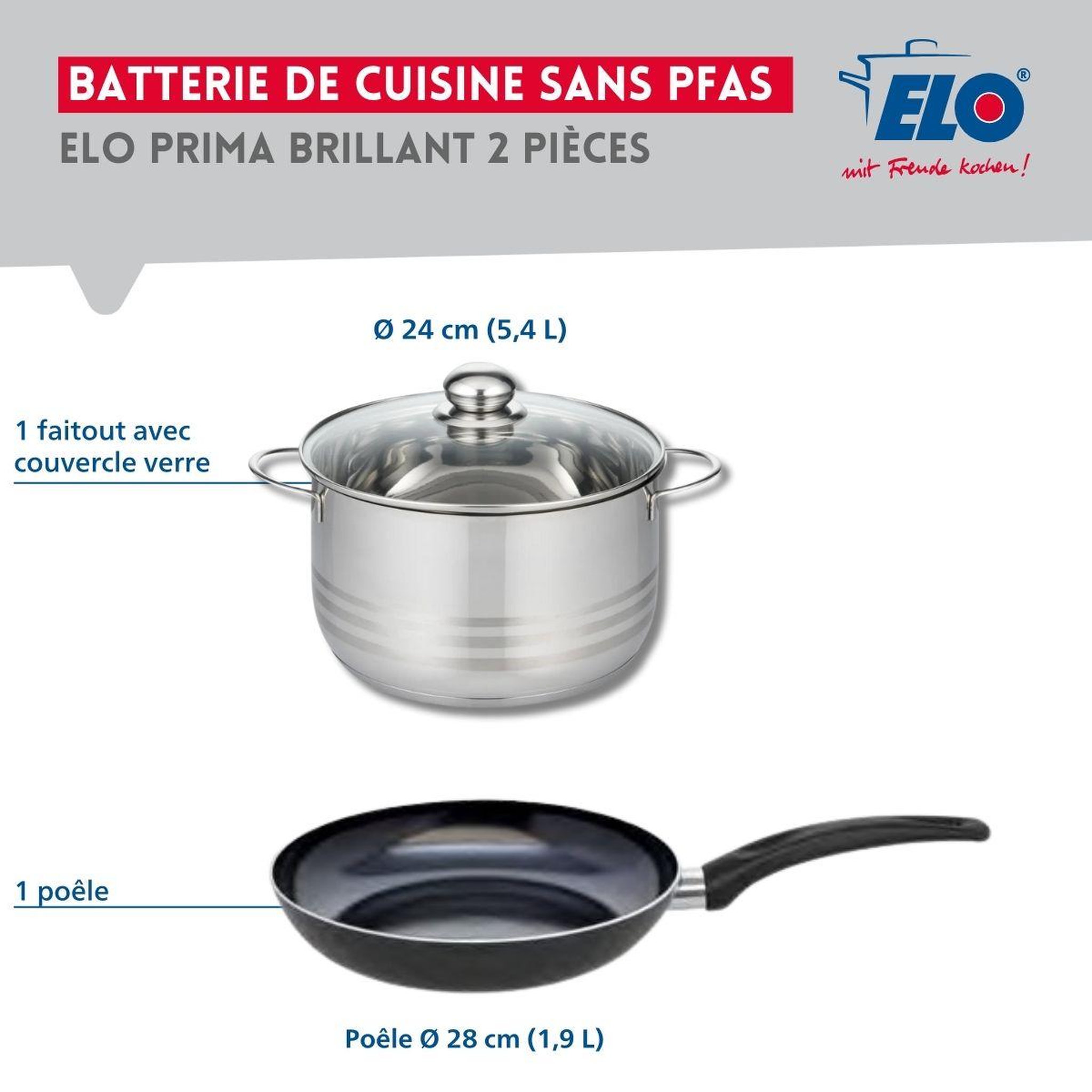 Voir la diapositive 2 : ELO Ensemble de 1 poêle de cuisson 28 cm et 1 faitout 24 cm elo prima brillant