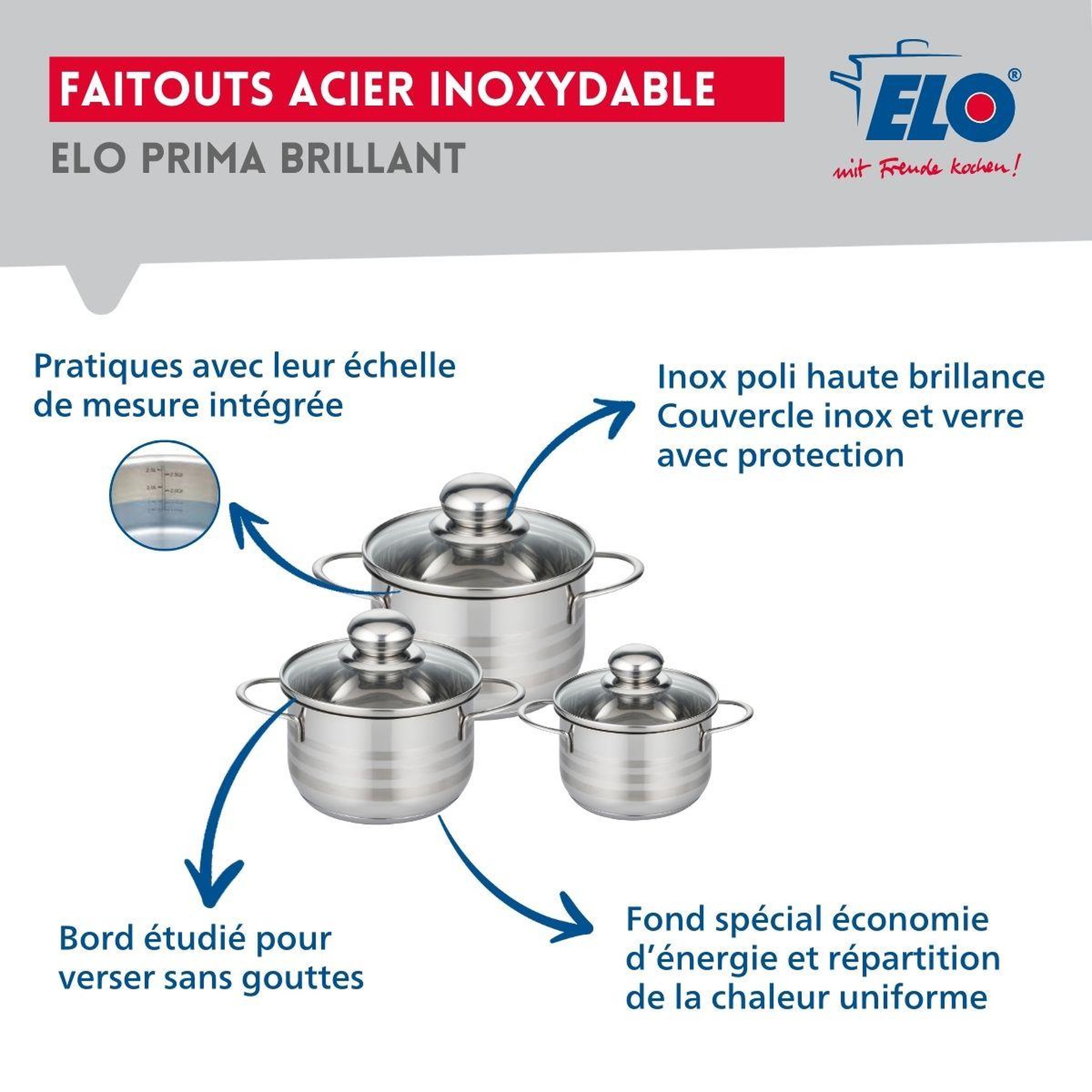 Voir la diapositive 3 : ELO Ensemble de 3 poêles de cuisson 24, 28 et 32 cm et 3 faitouts 12, 14 et 16 cm elo profi brillant