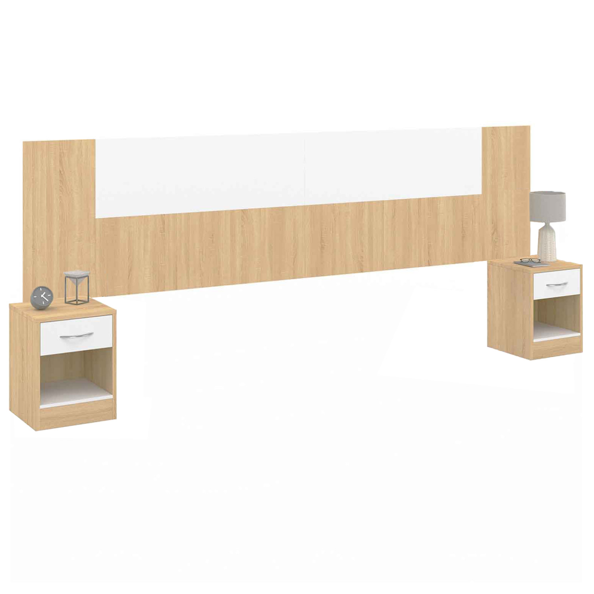 ID MARKET Tête de lit sur pied avec chevets modulables sapa pour lit 140, 160 ou 180 cm bois et blanc
