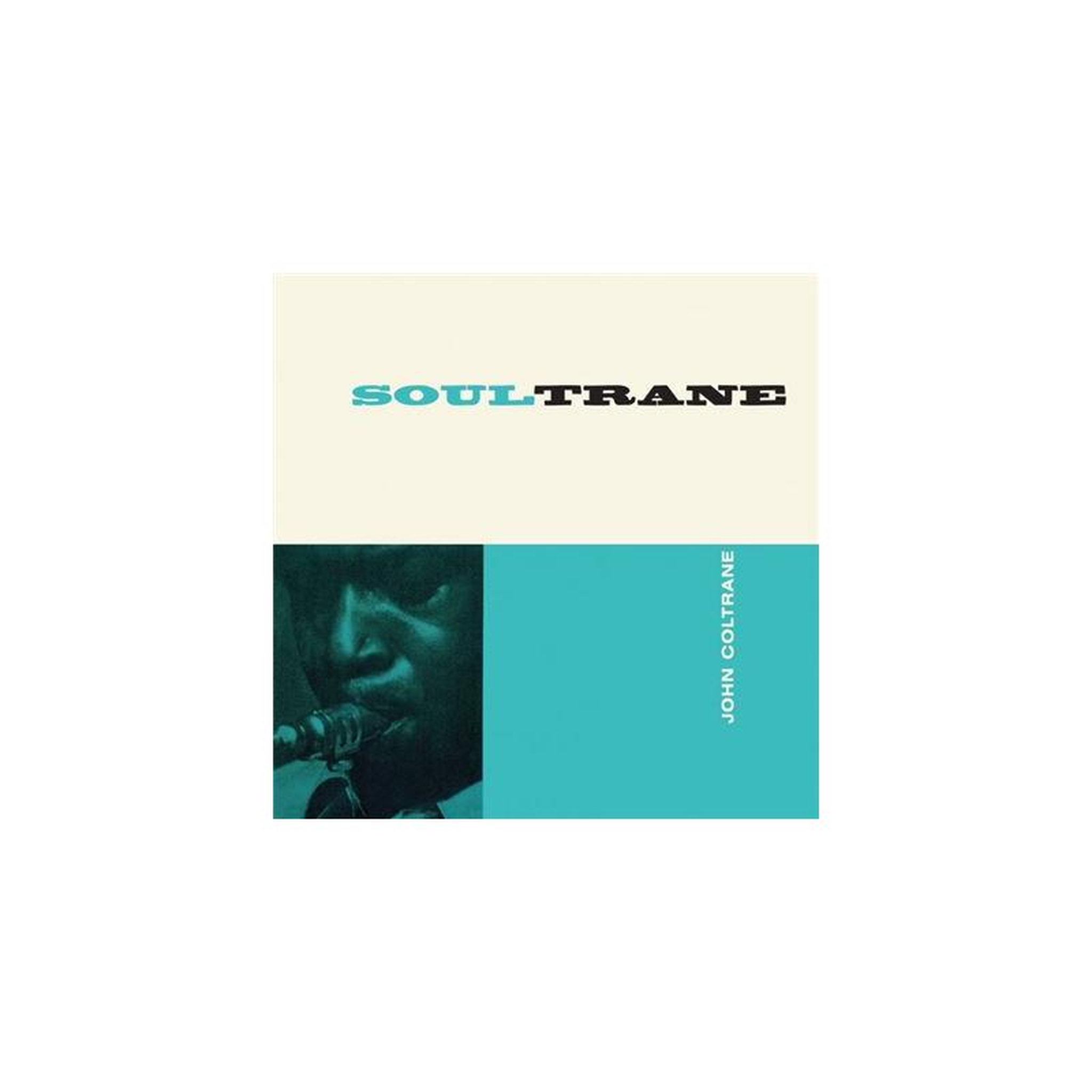 Album vinyle soultrane de john coltrane – pochette graphique collage, texte turquoise