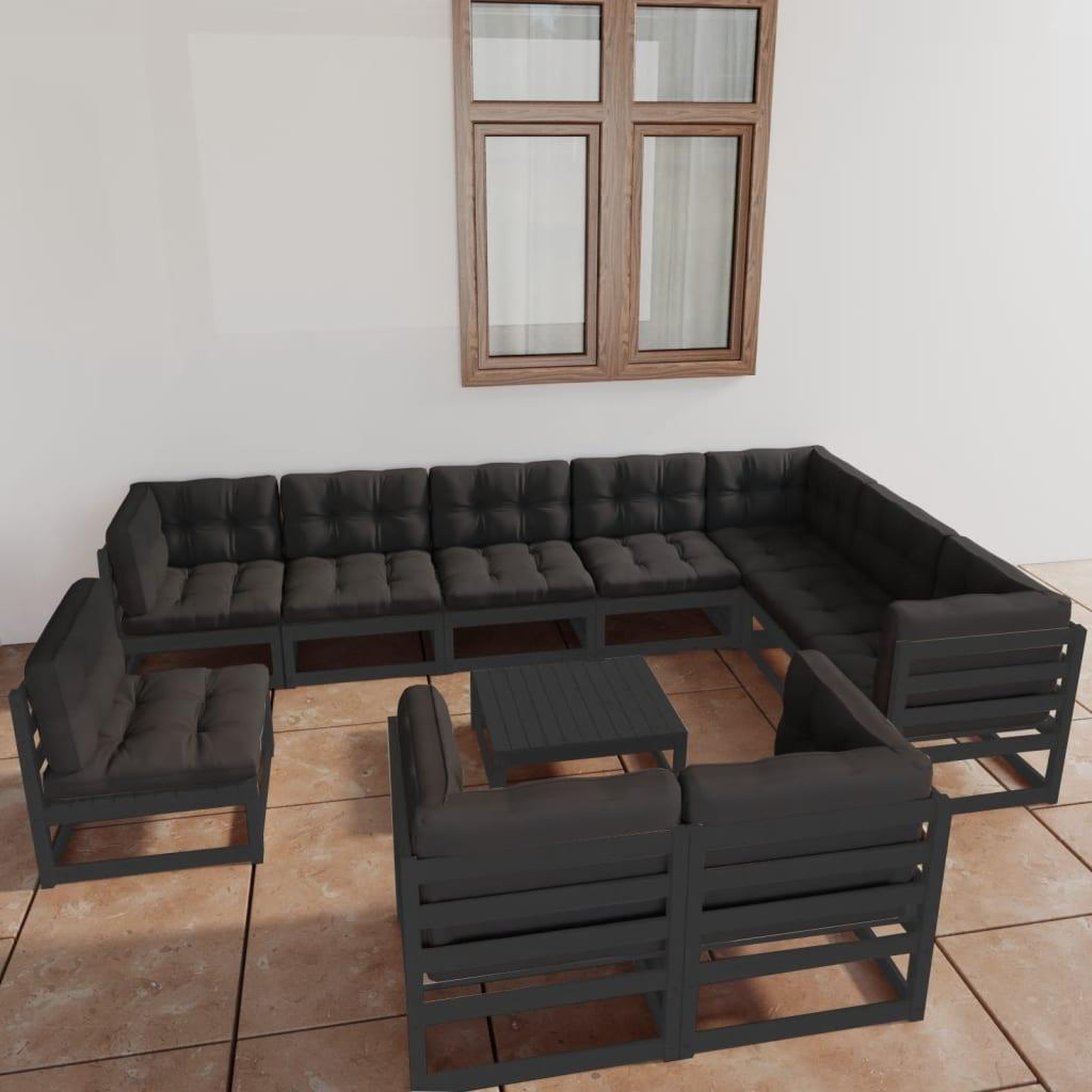 Voir la diapositive 1 : VIDAXL Salon de jardin 11 pcs avec coussins Noir Bois de pin massif