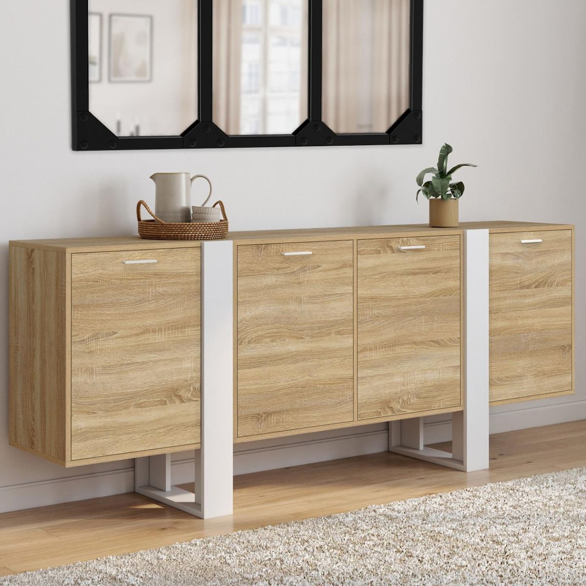 ID MARKET Buffet enfilade 200 cm PHOENIX XXL 4 portes bois et blanc