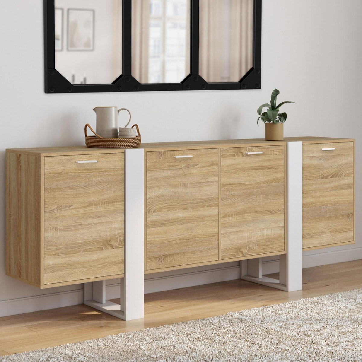 ID MARKET Buffet enfilade 200 cm PHOENIX XXL 4 portes bois et blanc