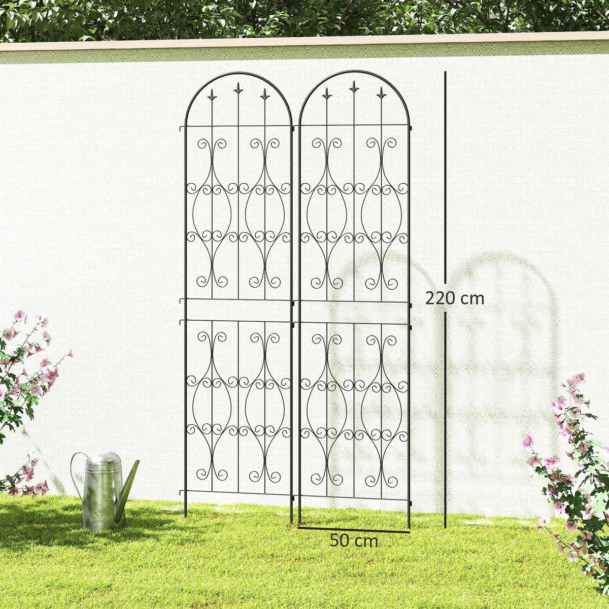 OUTSUNNY Treillis de jardin effet fer forgé pointe de fleur de lys  - 2 supports plantes grimpantes - 50 x 220 cm - métal époxy noir