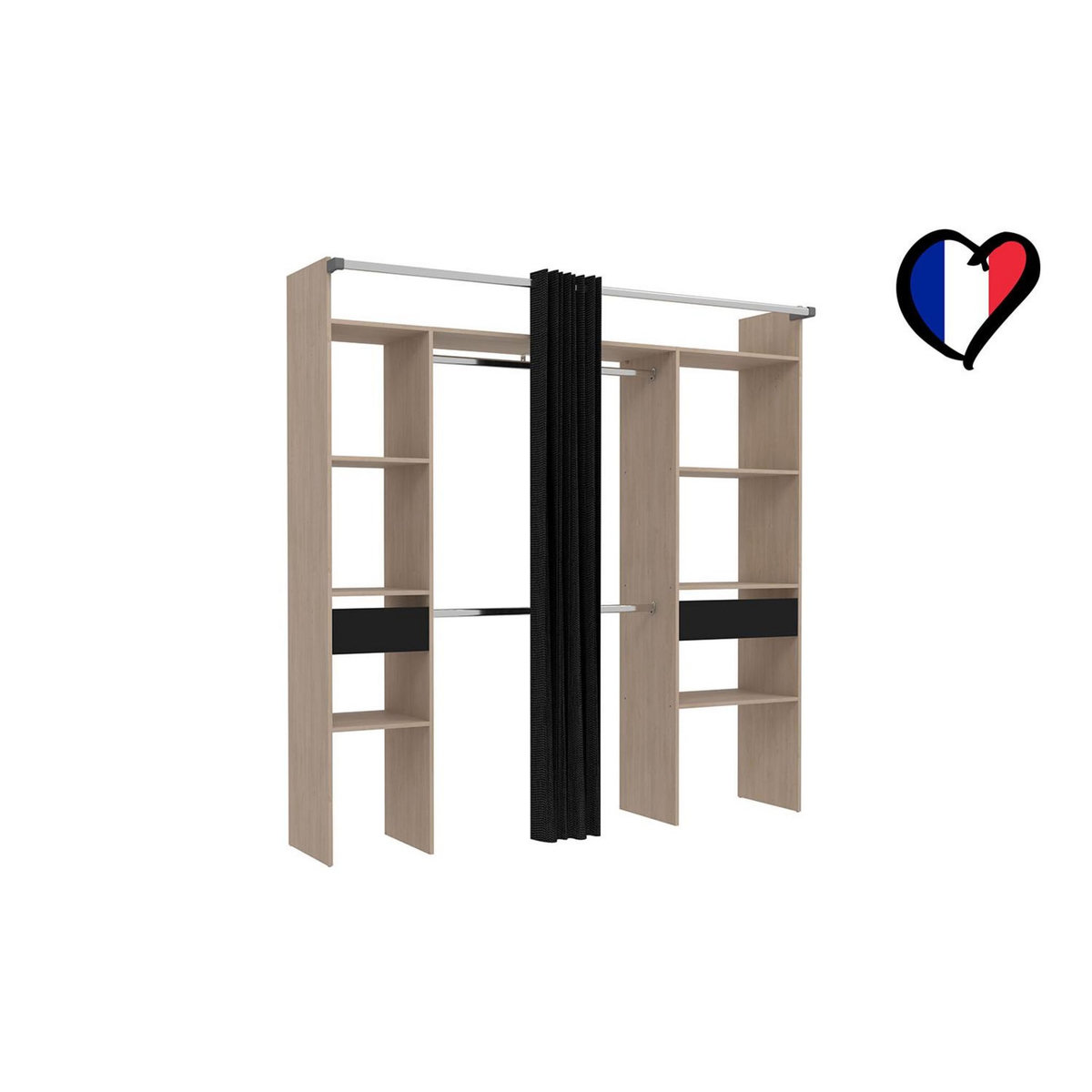 CONCEPT USINE Dressing bois avec rideau noir et 2 penderies, 6 étagères et 2 tiroirs ELYSEE