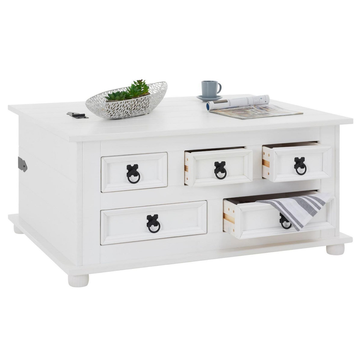IDIMEX Table basse coffre en pin TEQUILA style mexicain, avec 5 tiroirs, lasuré blanc