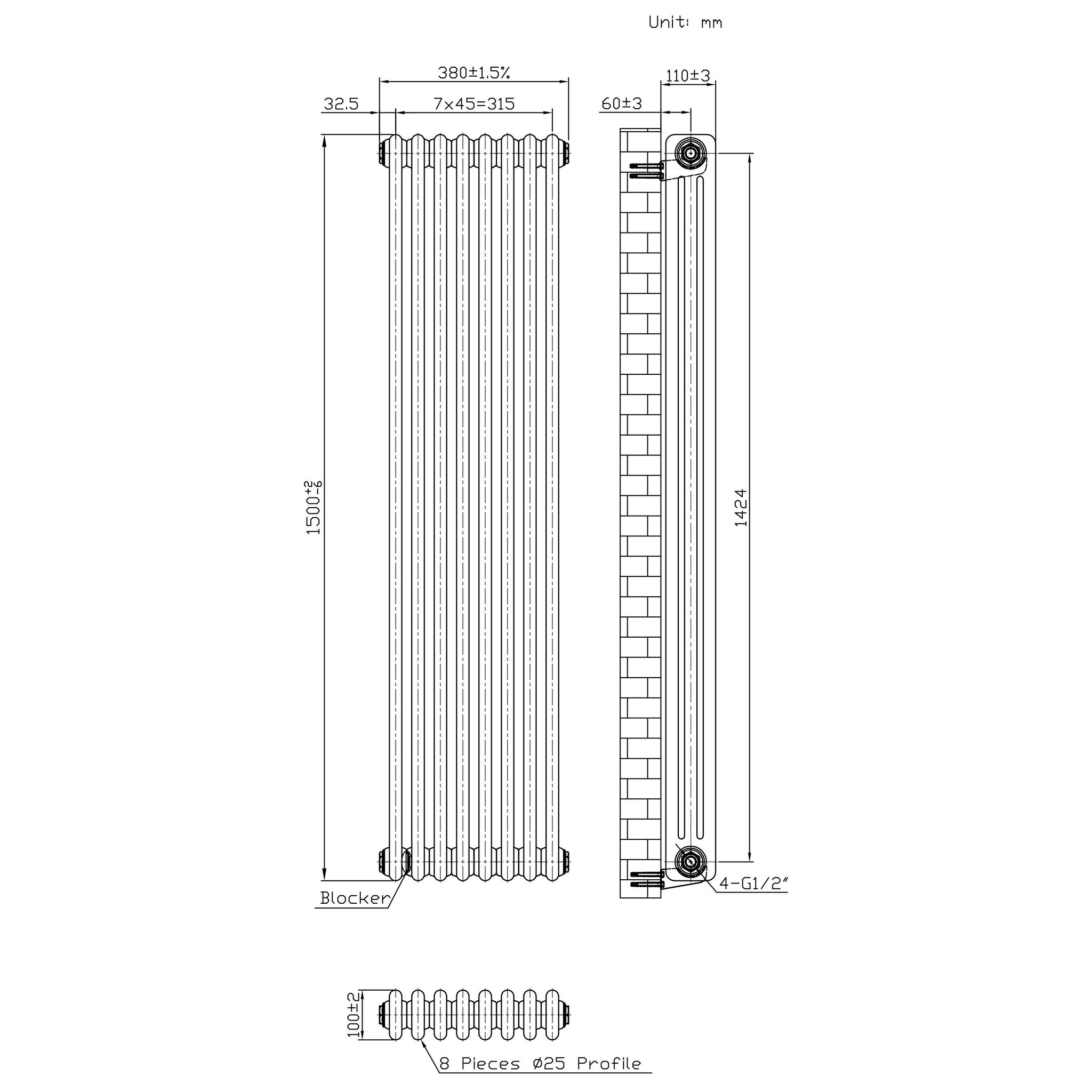 Voir la diapositive 5 : MONSTERSHOP Radiateur traditionnel à 3 colonnes & vannes - 1500 x 470 mm - métal brut