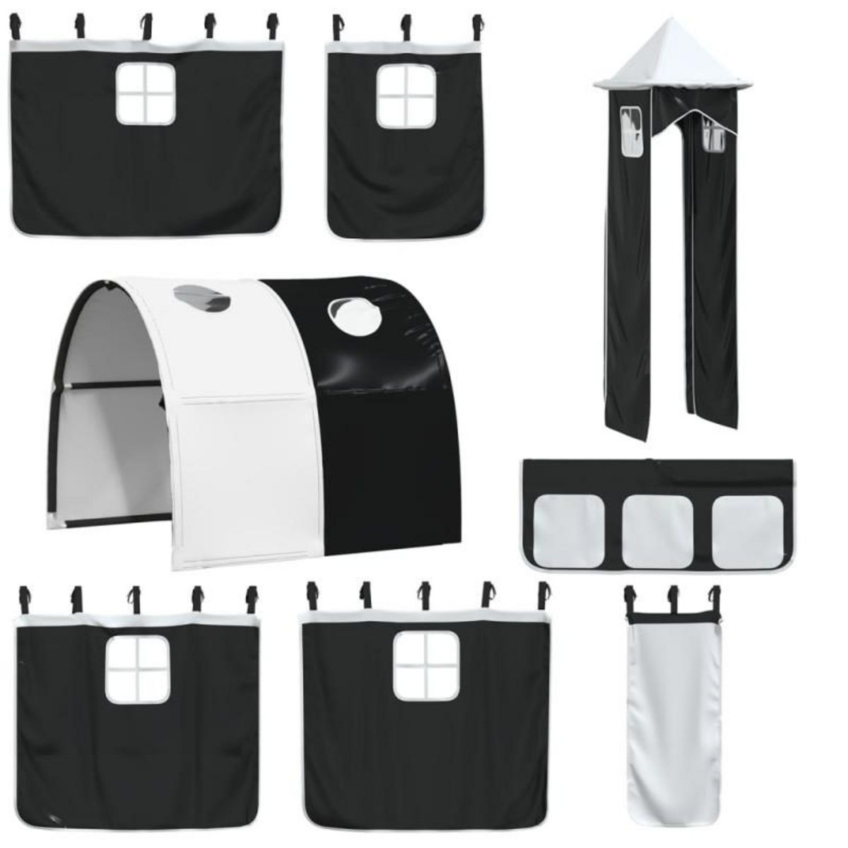 VIDAXL Rideaux pour lit mezzanine avec tunnel et tour blanc et noir