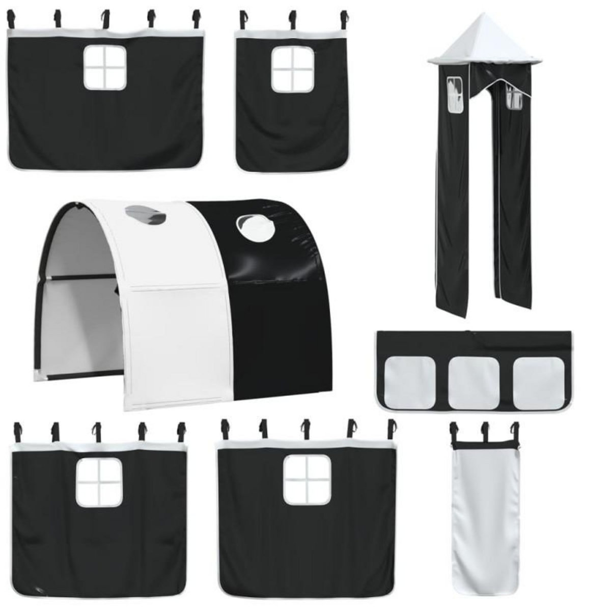 VIDAXL Rideaux pour lit mezzanine avec tunnel et tour blanc et noir