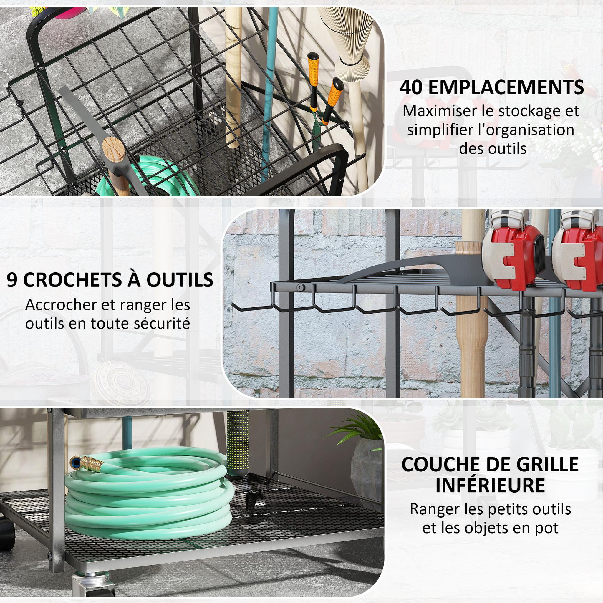 Voir la diapositive 5 : OUTSUNNY Organisateur d'outils de jardin - chariot de jardin - desserte - 9 crochets, 20 compartiments - métal noir