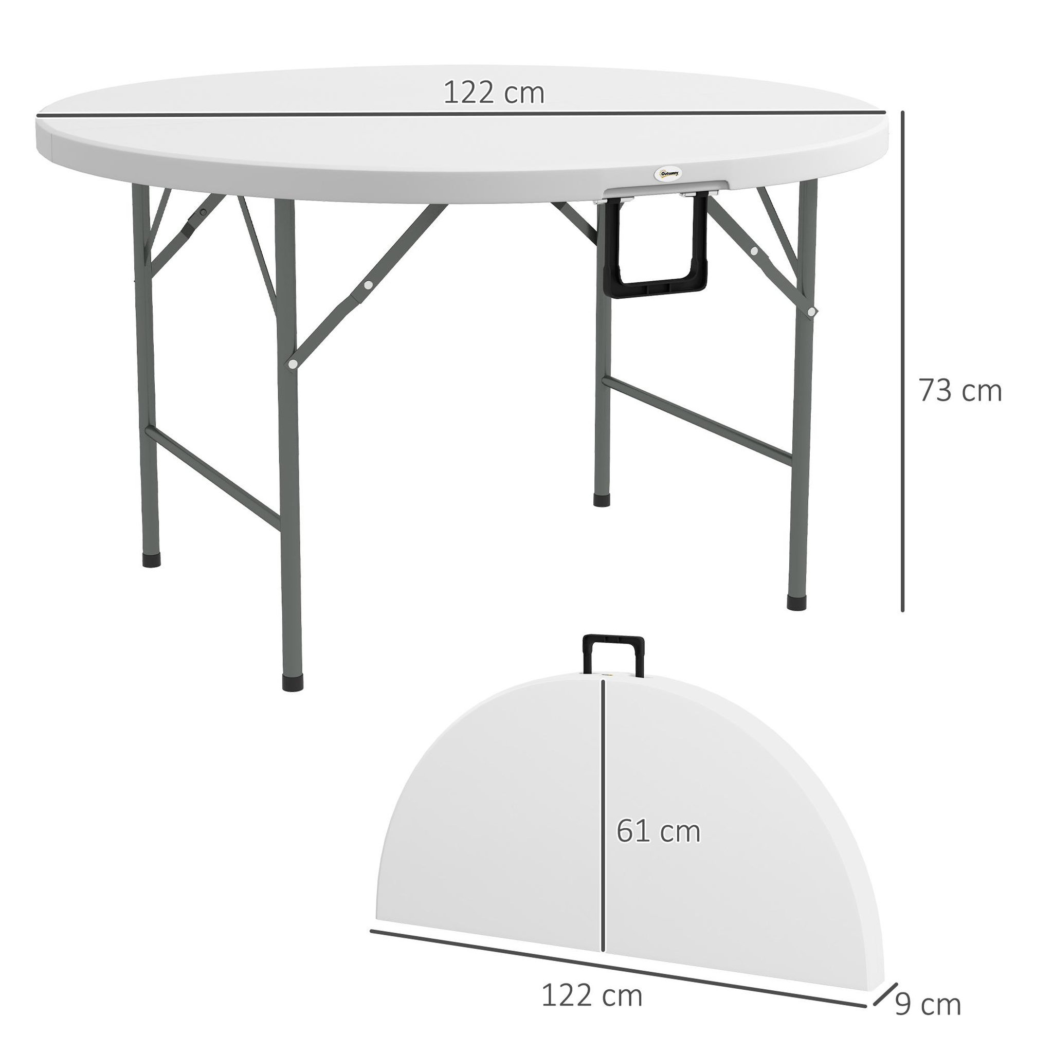 Voir la diapositive 3 : OUTSUNNY Table pliante table de camping pliable table de jardin ø 122 x 73h cm poignée acier époxy hdpe blanc