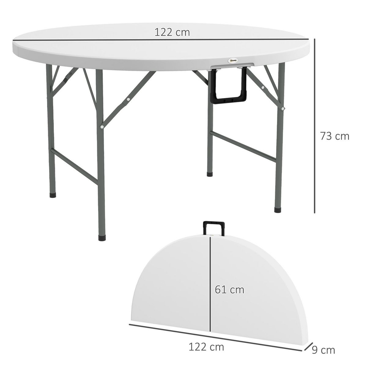 OUTSUNNY Table pliante table de camping pliable table de jardin Ø 122 x 73H cm poignée acier époxy HDPE blanc