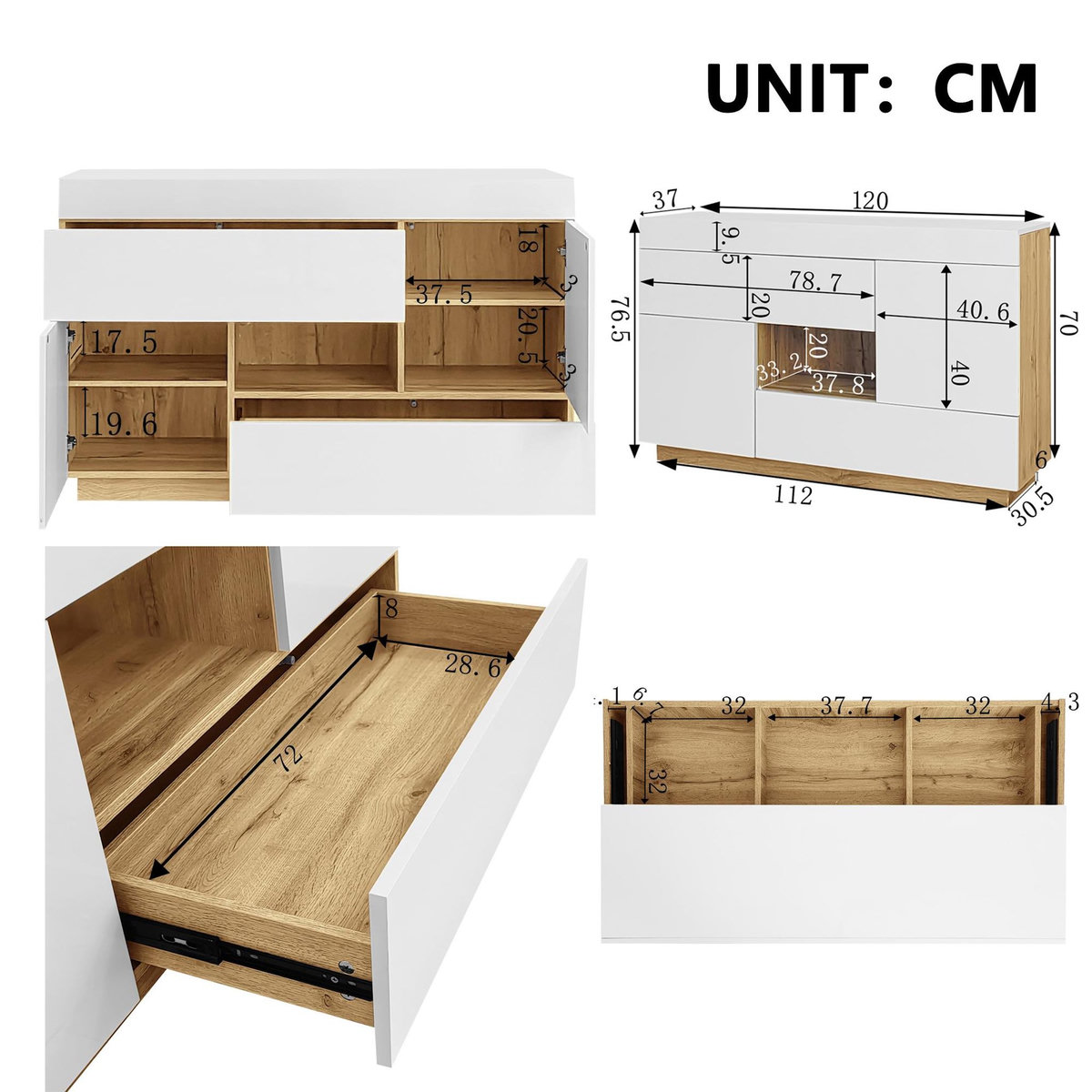 MERAX Buffet 2 porte(s) 2 tiroir(s) - 120 cm blanc+naturel led panneau de particules