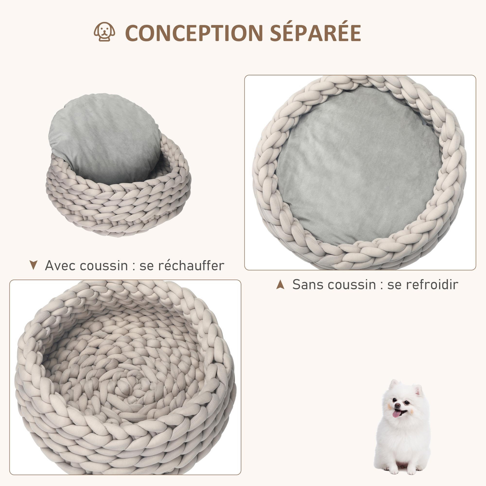 Voir la diapositive 4 : PAWHUT Panier pour chien chat Ø50 x 19H cm effet tressé tricot - coussin amovible et lavable en machine - polyester gris
