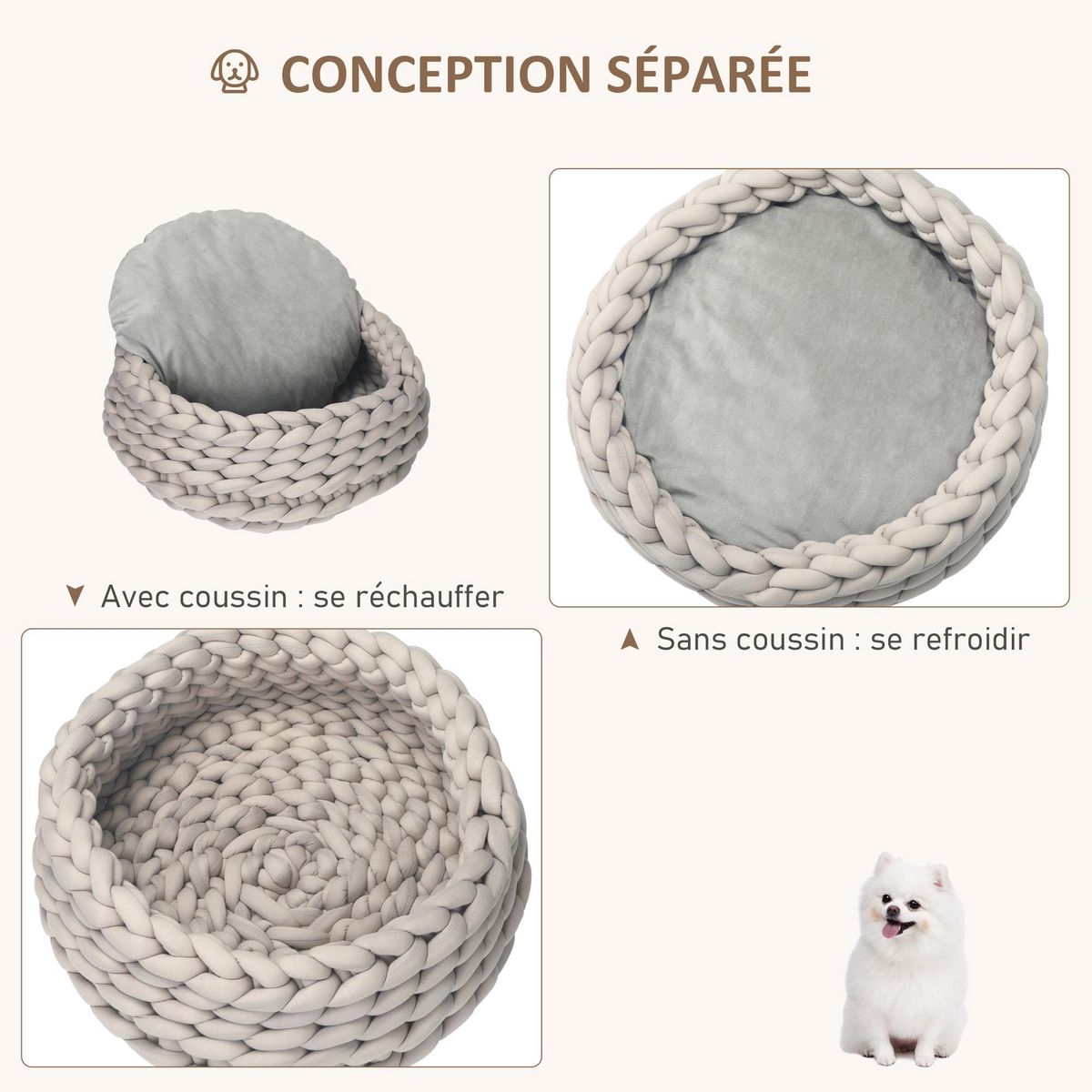 PAWHUT Panier pour chien chat Ø50 x 19H cm effet tressé tricot - coussin amovible et lavable en machine - polyester gris