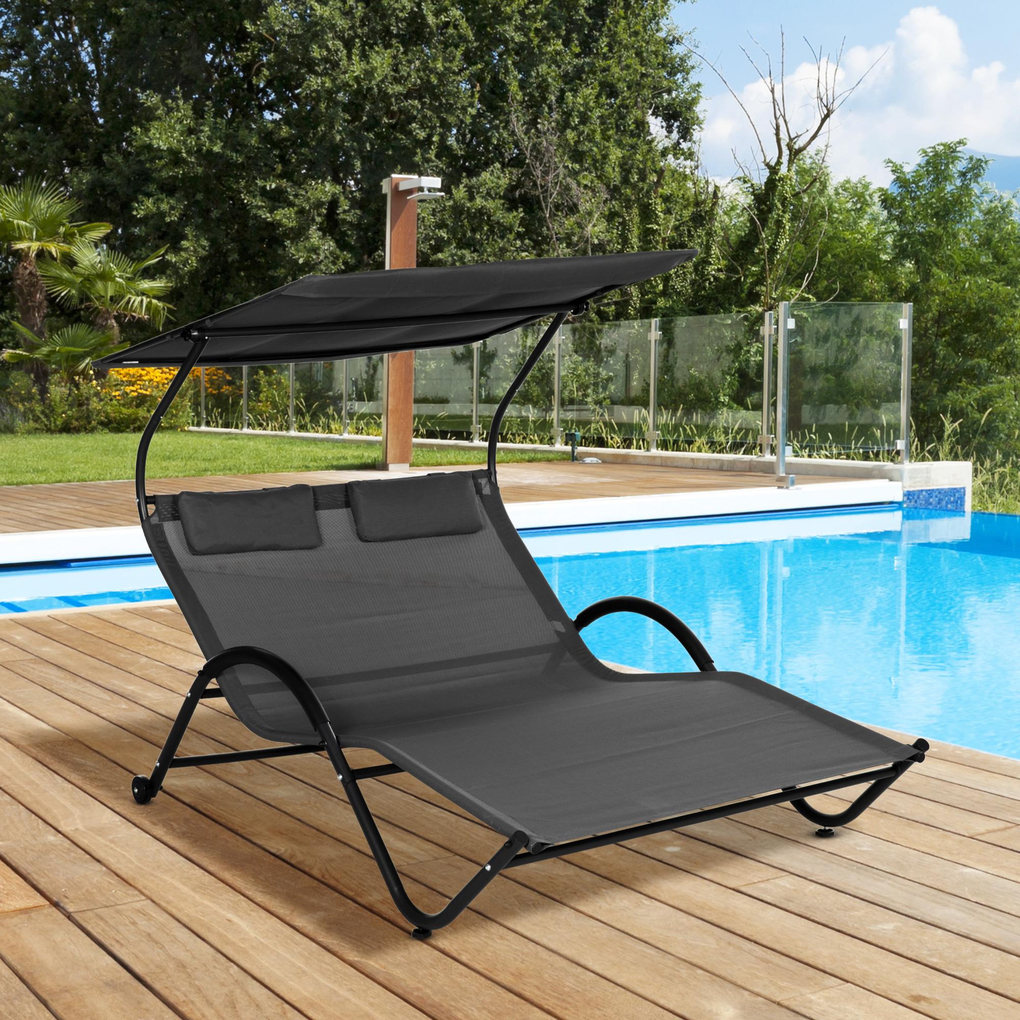 Voir la diapositive 2 : OUTSUNNY Bain de soleil 2 places lit de jardin design contemporain auvent réglable roulettes tétières acier époxy polyester gris