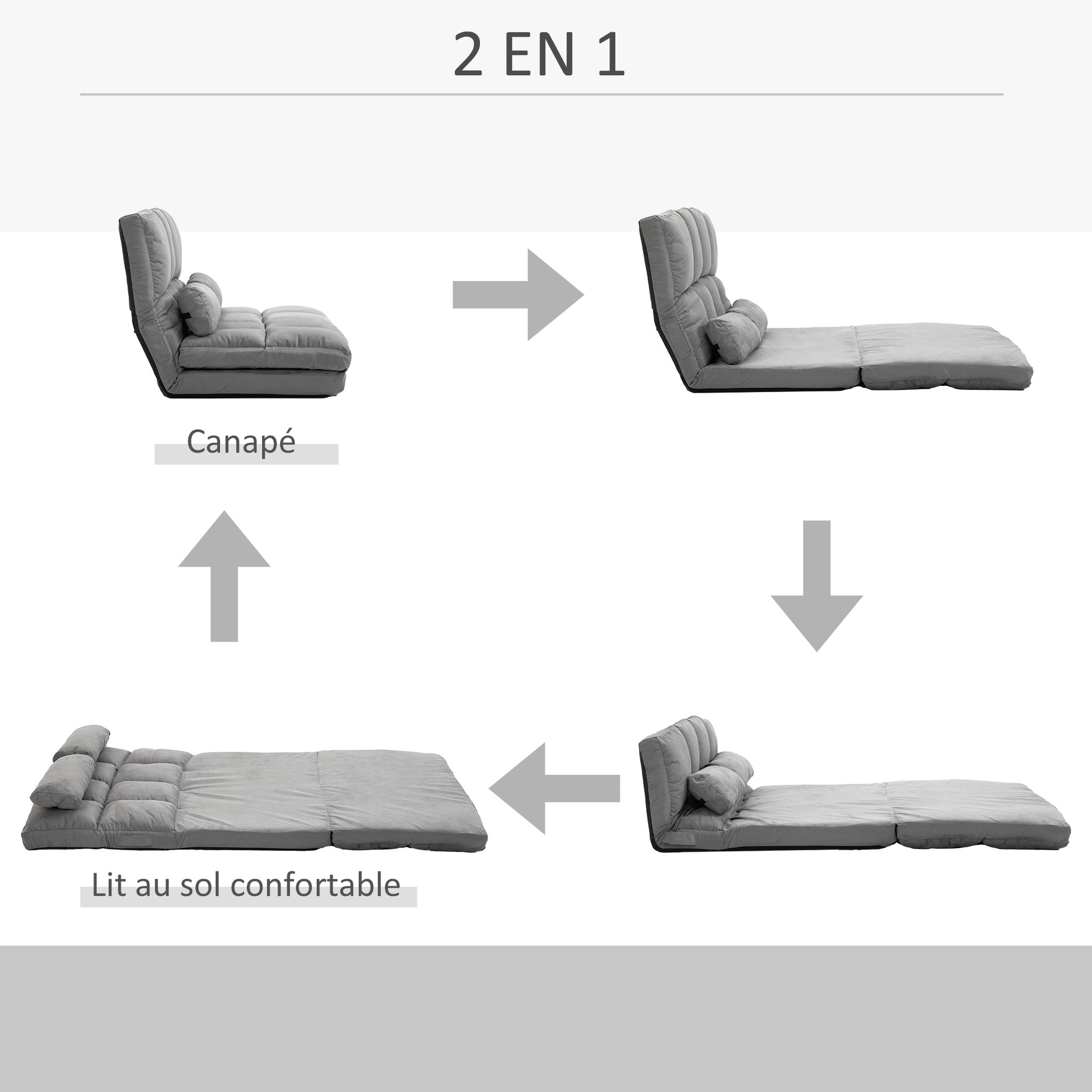 Voir la diapositive 5 : HOMCOM Chauffeuse - matelas d'appoint pliant - fauteuil convertible - inclinaison dossier réglable 14 positions - 2 coussins inclus - polyester aspect suédé gris