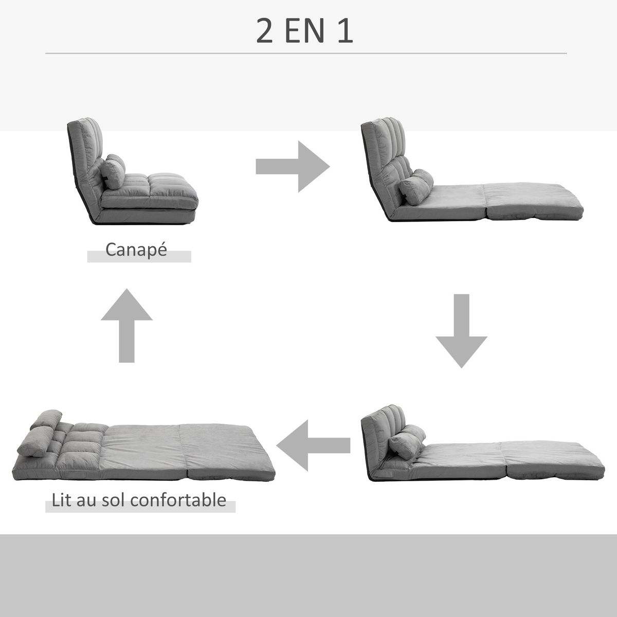 HOMCOM Chauffeuse - matelas d'appoint pliant - fauteuil convertible - inclinaison dossier réglable 14 positions - 2 coussins inclus - polyester aspect suédé gris