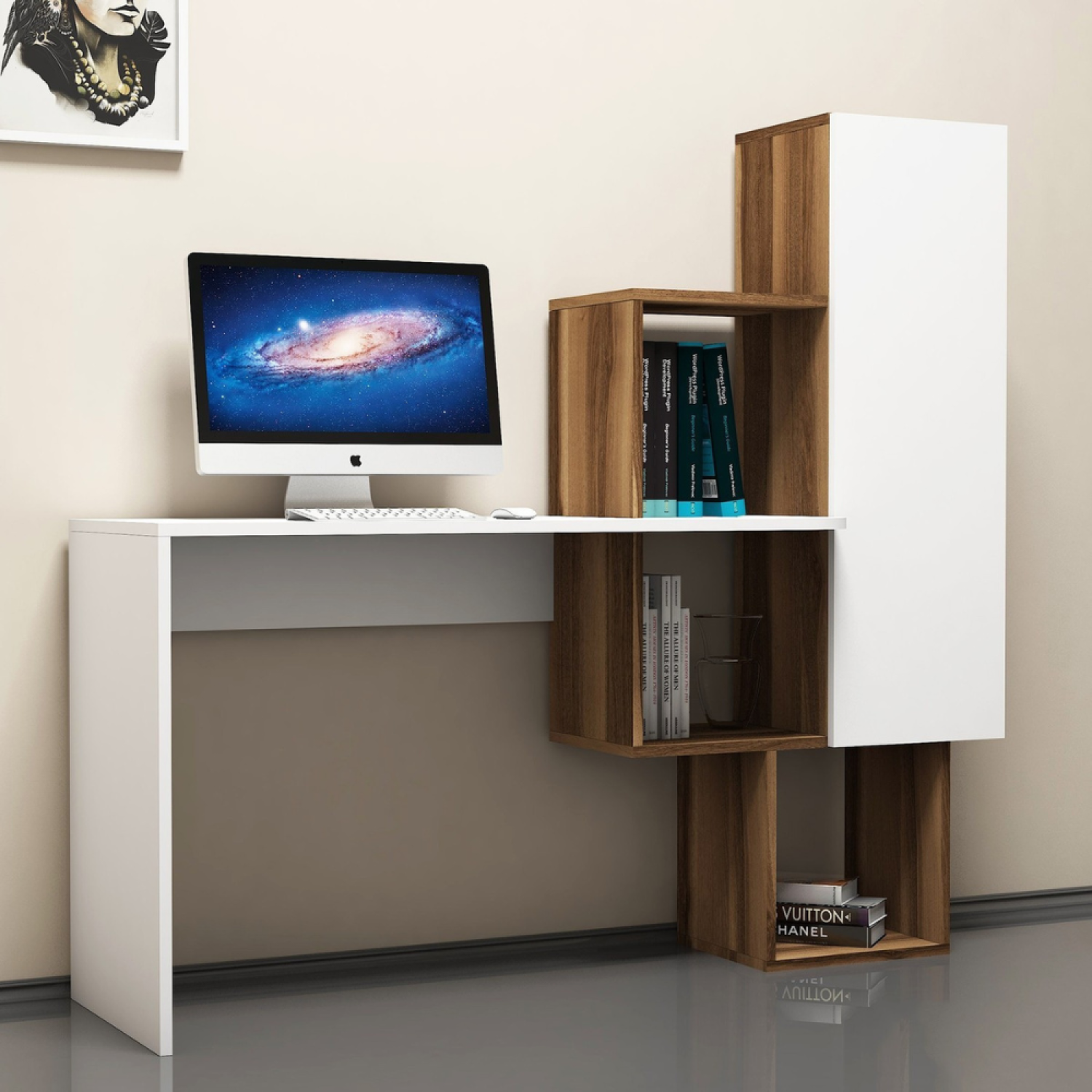 Voir la diapositive 2 : CONCEPT USINE Bureau fonctionnel 6 rangements - bois et blanc turku