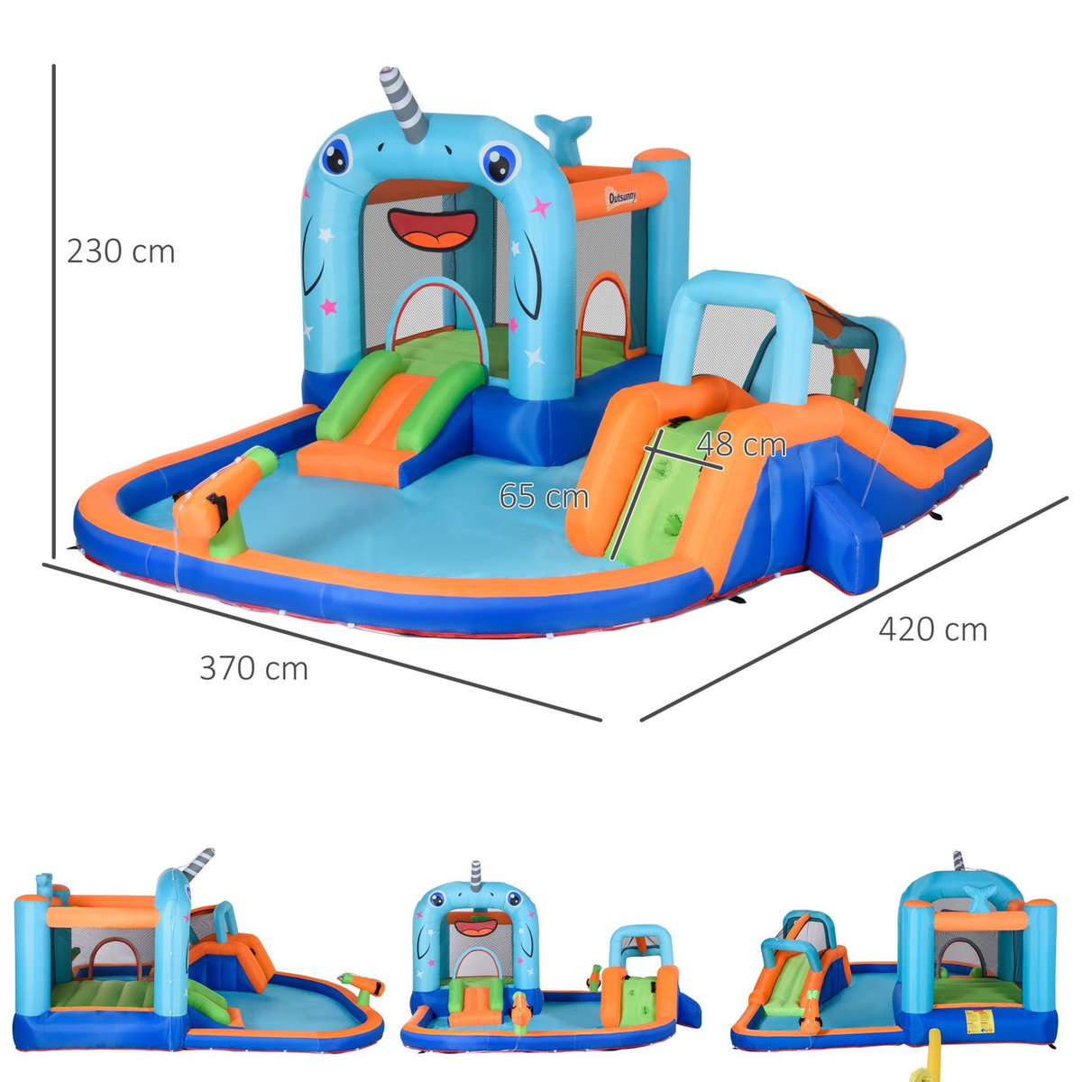 OUTSUNNY Château gonflable enfant - trampoline, toboggans, piscine, mur d'escalade, panier, pistolets eau, gonfleur, sac transport - polyester multicolore