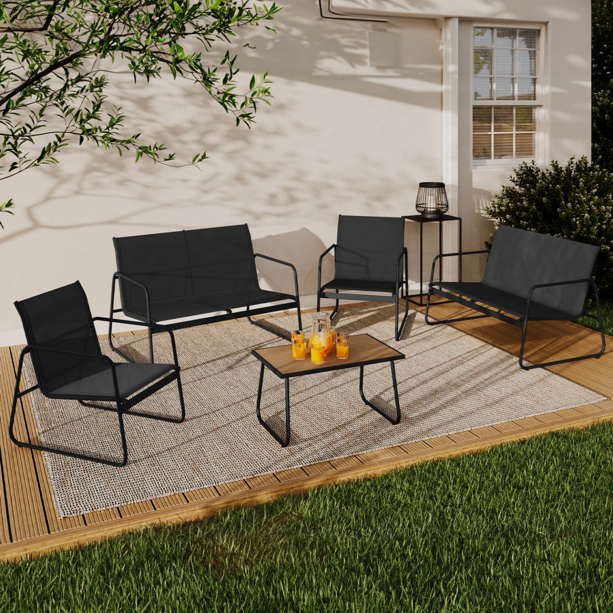 ID MARKET Salon de jardin bas MALAGA 6 places avec canapé, fauteuils et table noir et bois