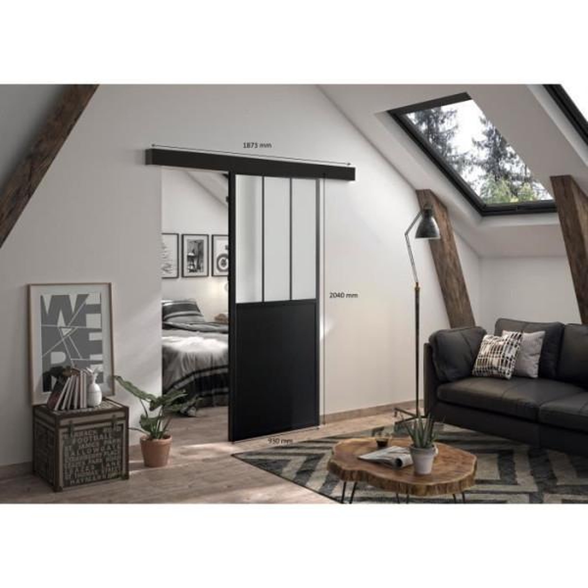 Voir la diapositive 3 : OPTIMUM Optimum - kit porte coulissante + rail + bandeau atelier - h 204 x l 93 x p 4 cm - noir verre dépoli