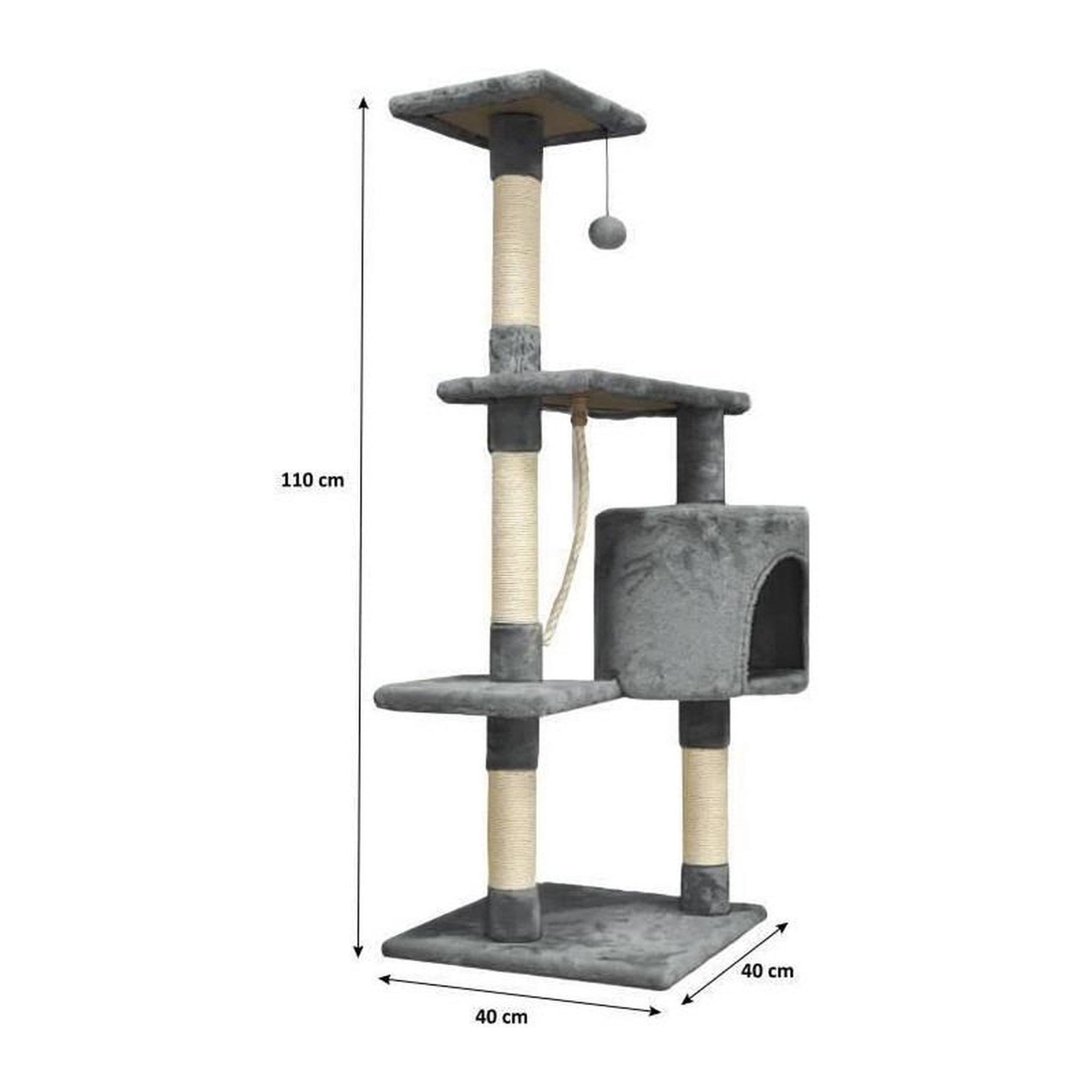 Voir la diapositive 6 : PALOMAR Arbre a chat - 40 x 40 x 110 cm - PALOMA - Gris foncé - 3 plateformes, 1 corde, 1 niche , poteaux a griffer