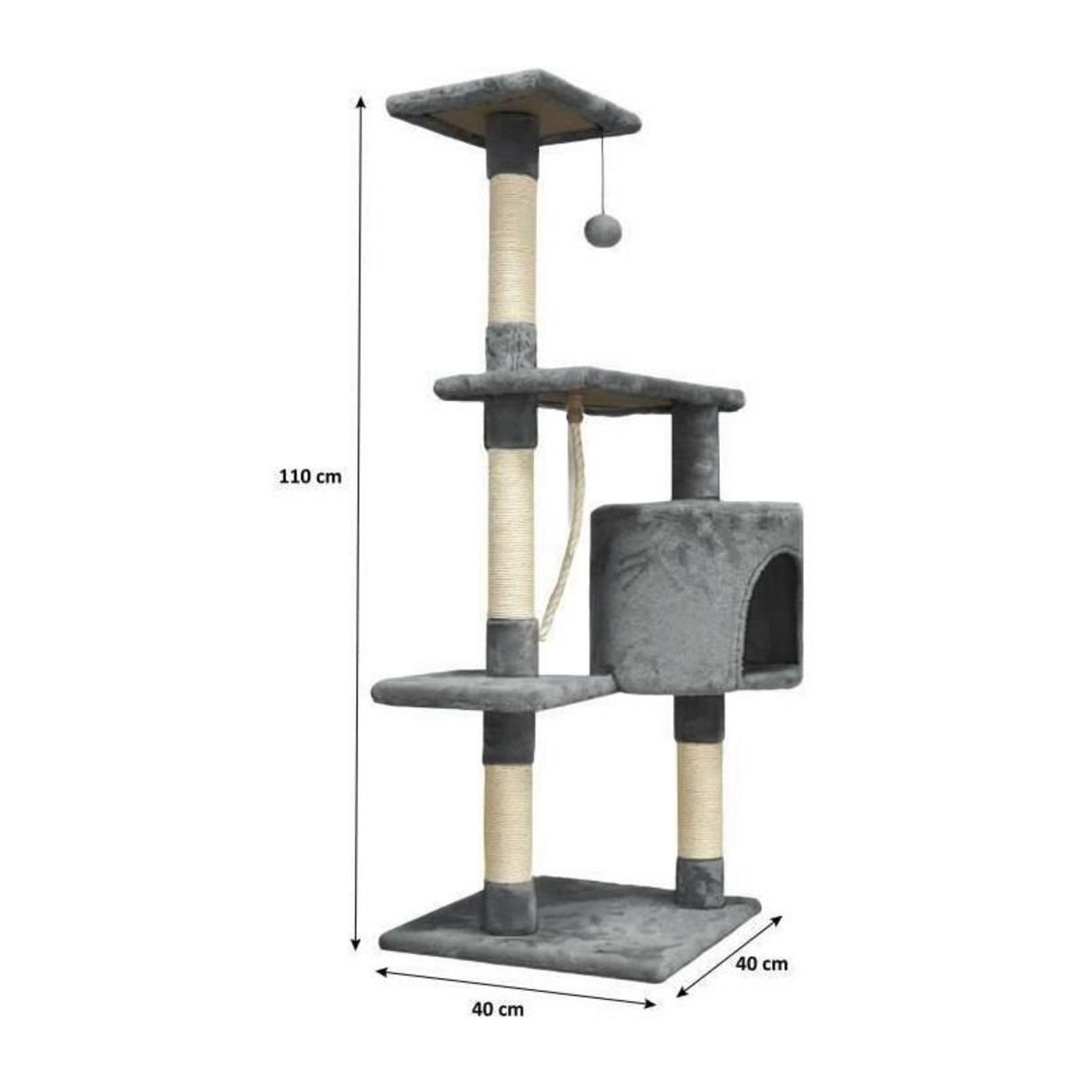PALOMAR Arbre a chat - 40 x 40 x 110 cm - PALOMA - Gris foncé - 3 plateformes, 1 corde, 1 niche , poteaux a griffer
