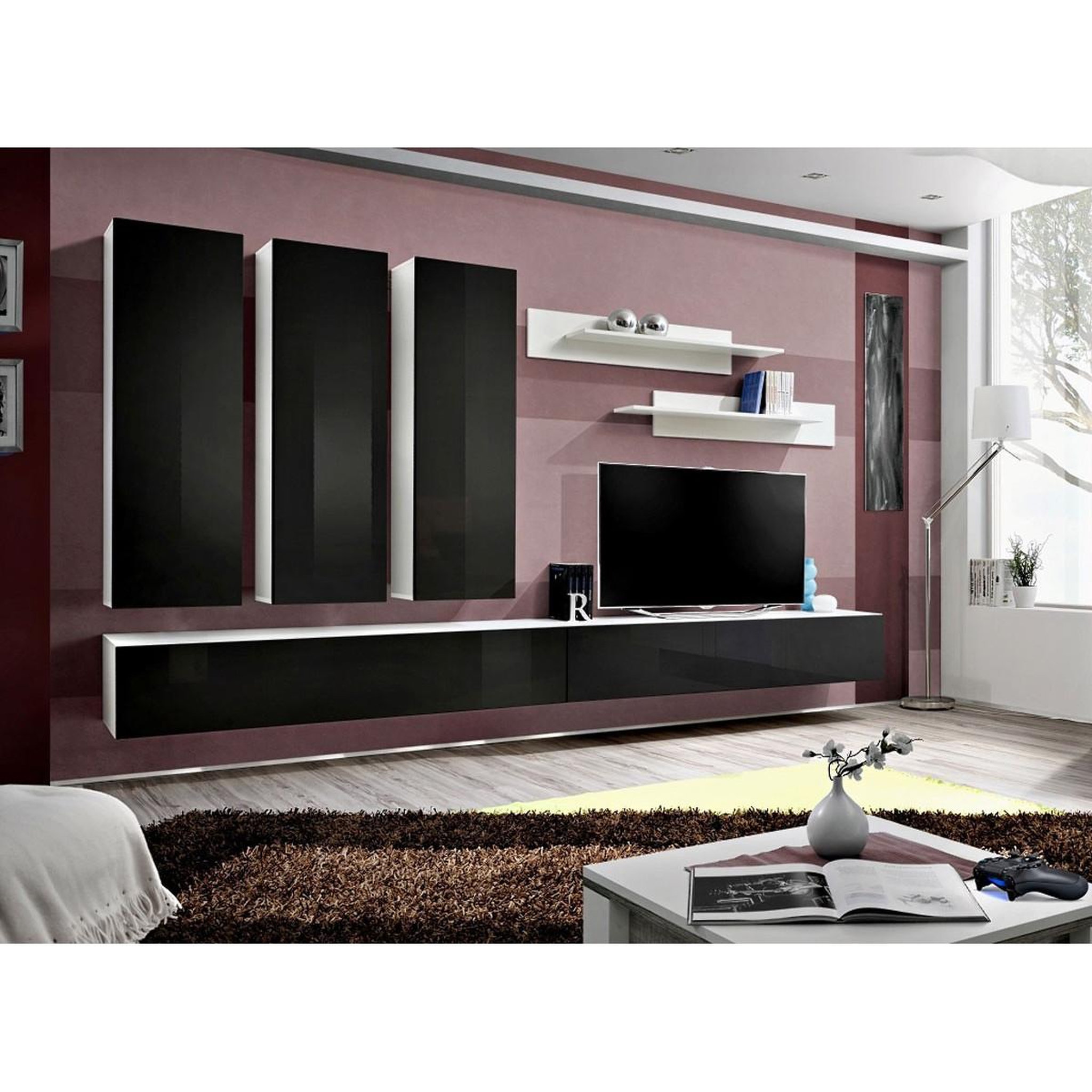 Voir la diapositive 4 : Paris Prix Ensemble Meuble TV Mural  Fly E1  320cm Noir & Blanc