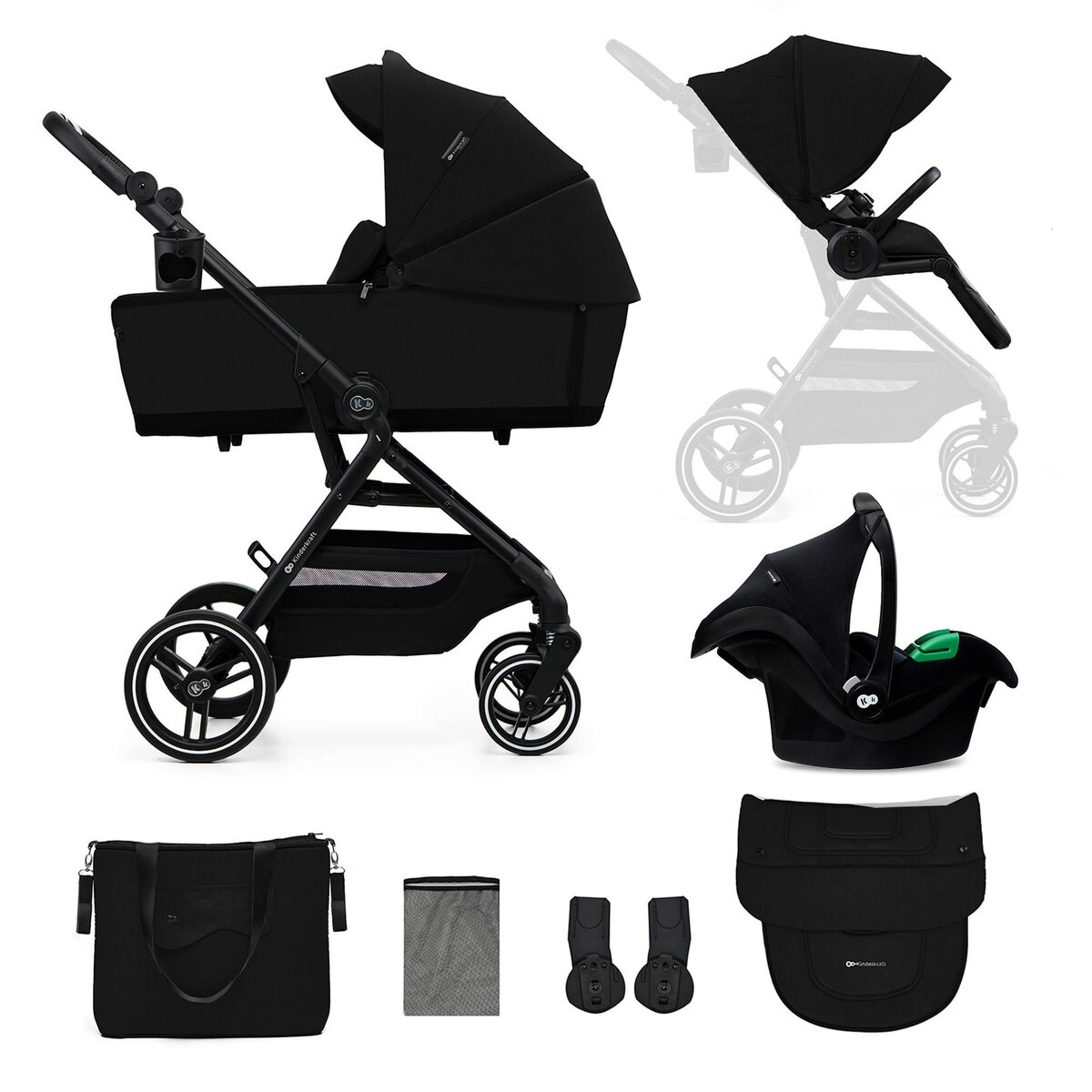 KINDERKRAFT Poussette 3 en 1 avec nacelle YOXI, roues anti-crevaison et accessoires